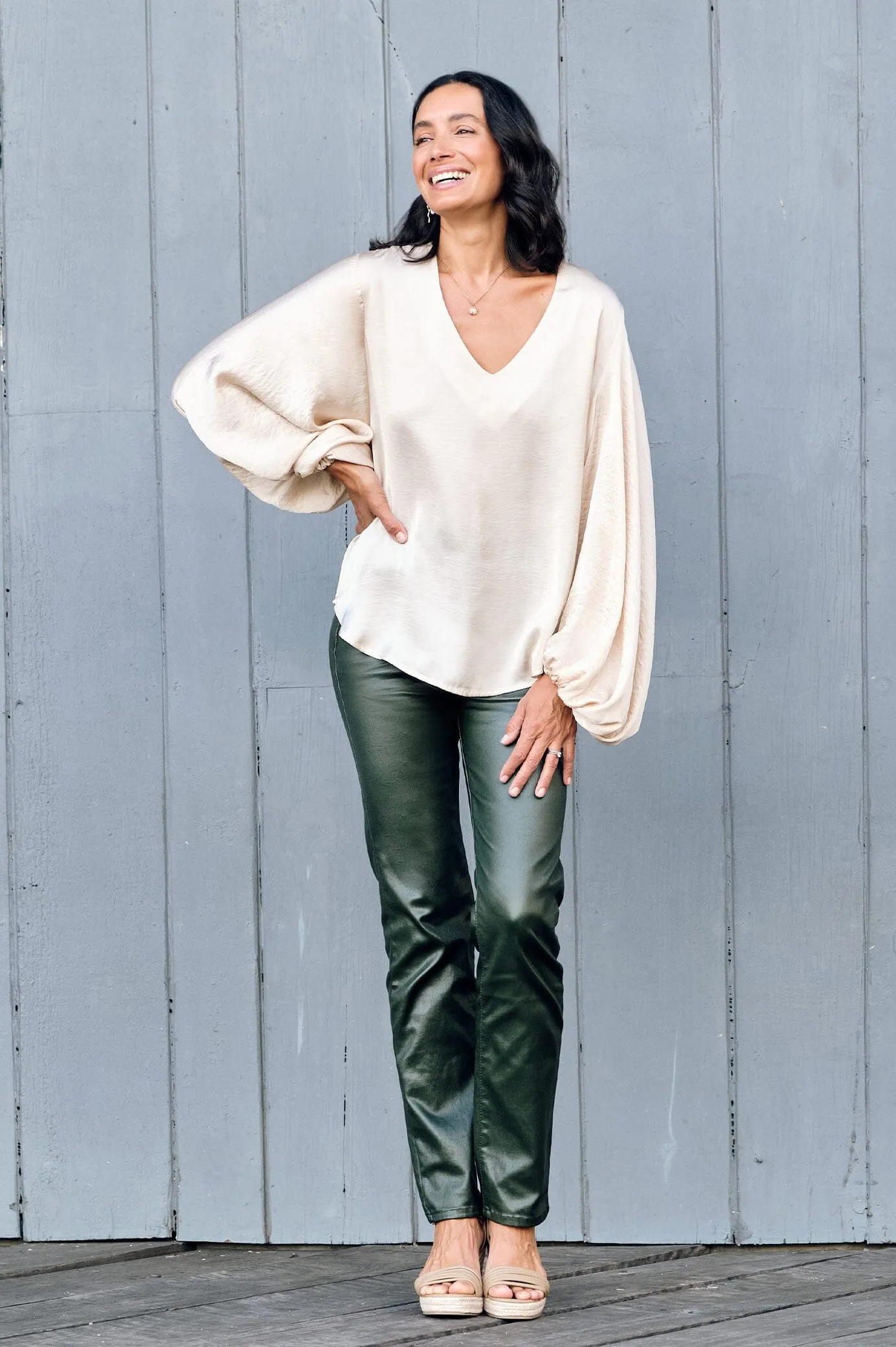 Lucia Metallic Olive Jeans