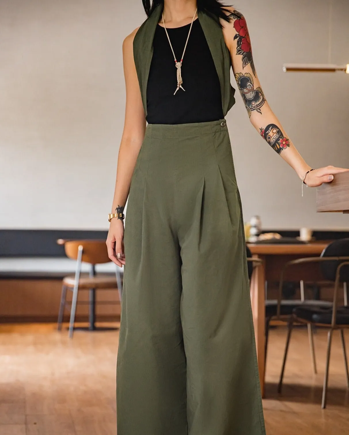 Madden women's retro work straight loose wide leg casual backpack pants draped sense of thin summer collection high waist pants