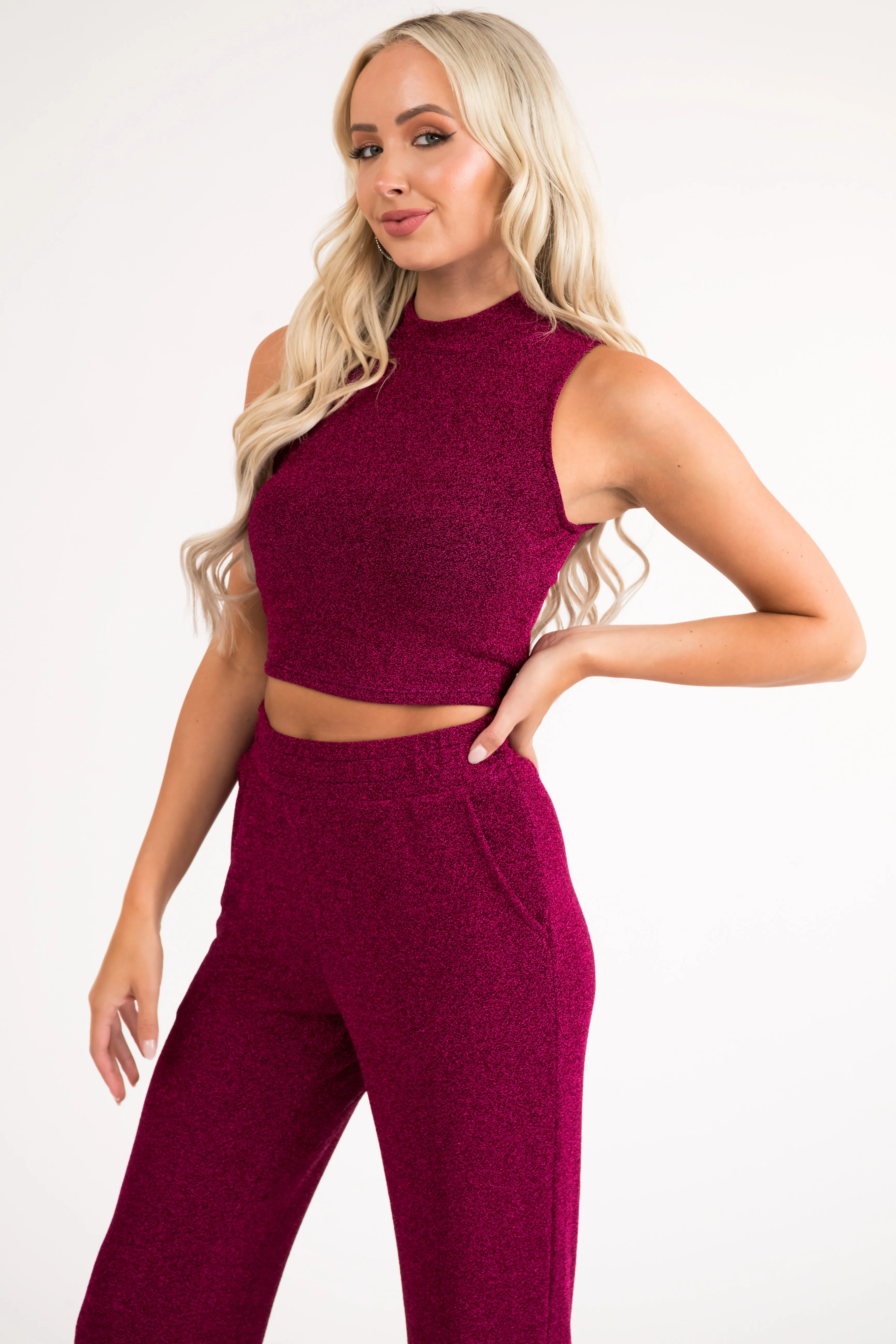 Magenta Glitter Sleeveless Lurex Crop Top