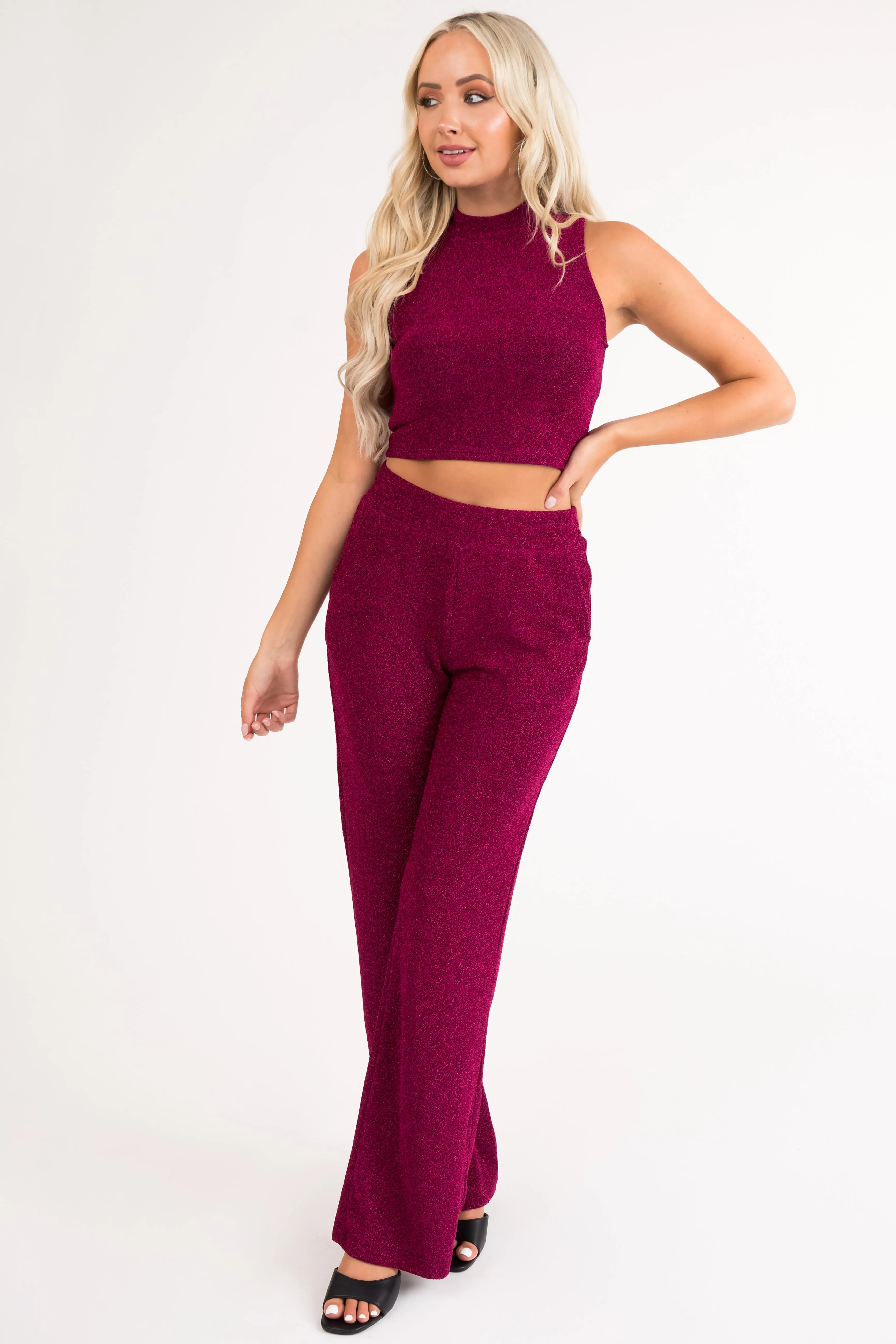 Magenta Glitter Sleeveless Lurex Crop Top