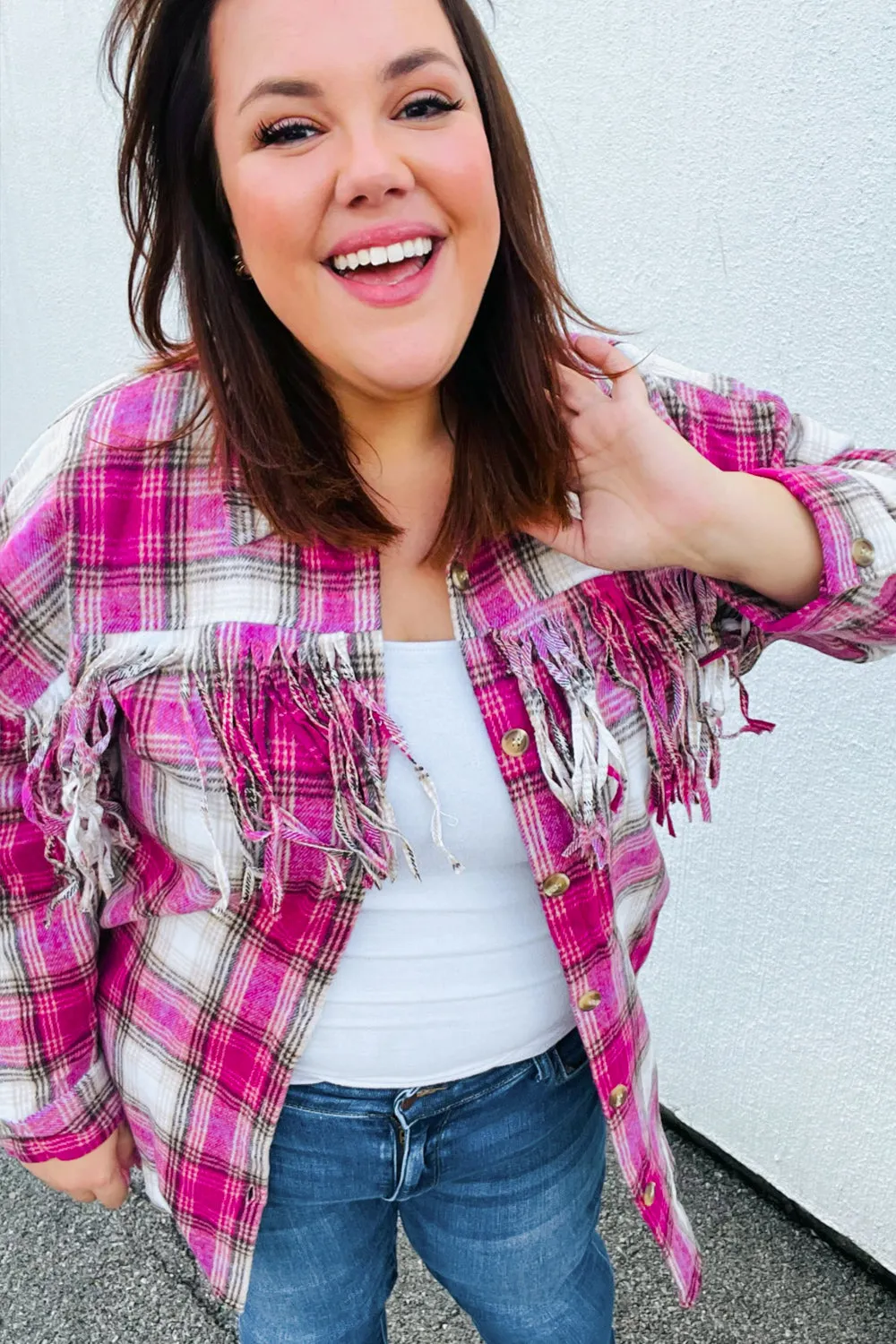 Magenta Plaid Fringe Button Down Shacket