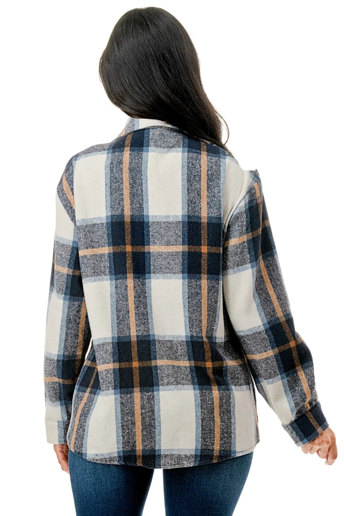 Malibu Plaid over size long flannel shacket with hood jk8828 light blue