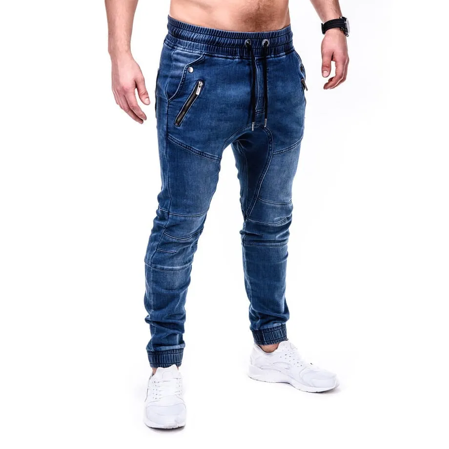 Men Washed Drawstring Waist Side Zip Pocket Skinny Jeans