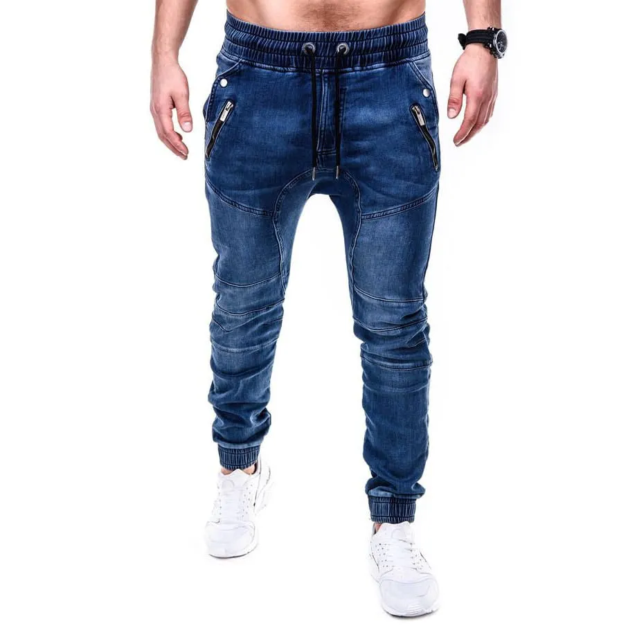 Men Washed Drawstring Waist Side Zip Pocket Skinny Jeans