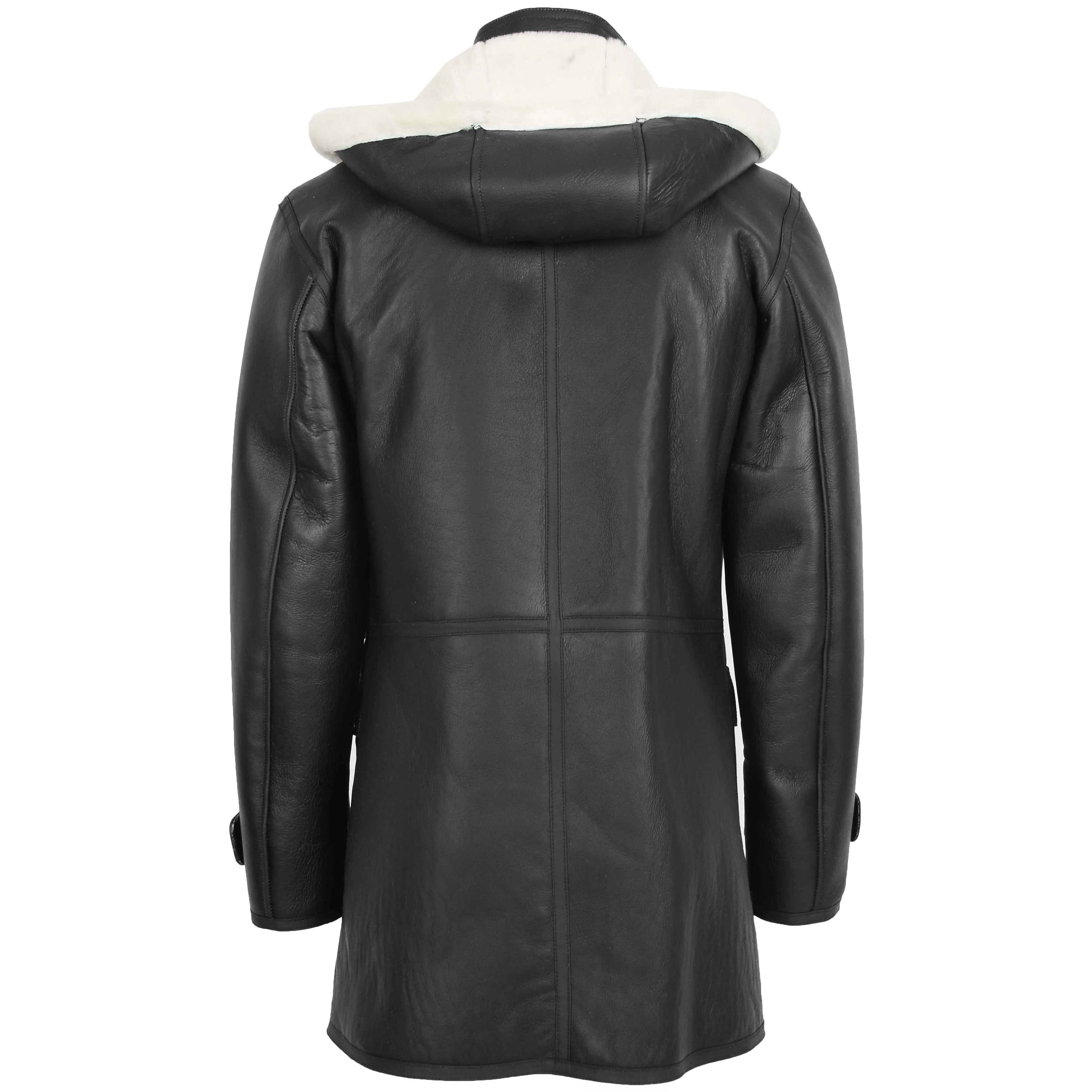 Mens Real Sheepskin Duffle Hooded Coat Vincent Black White