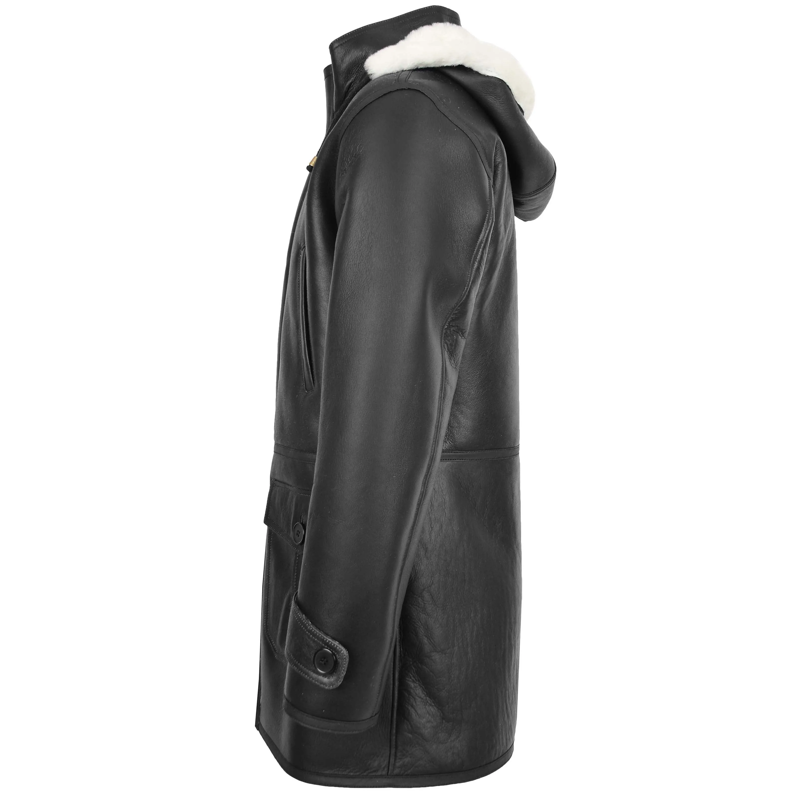 Mens Real Sheepskin Duffle Hooded Coat Vincent Black White