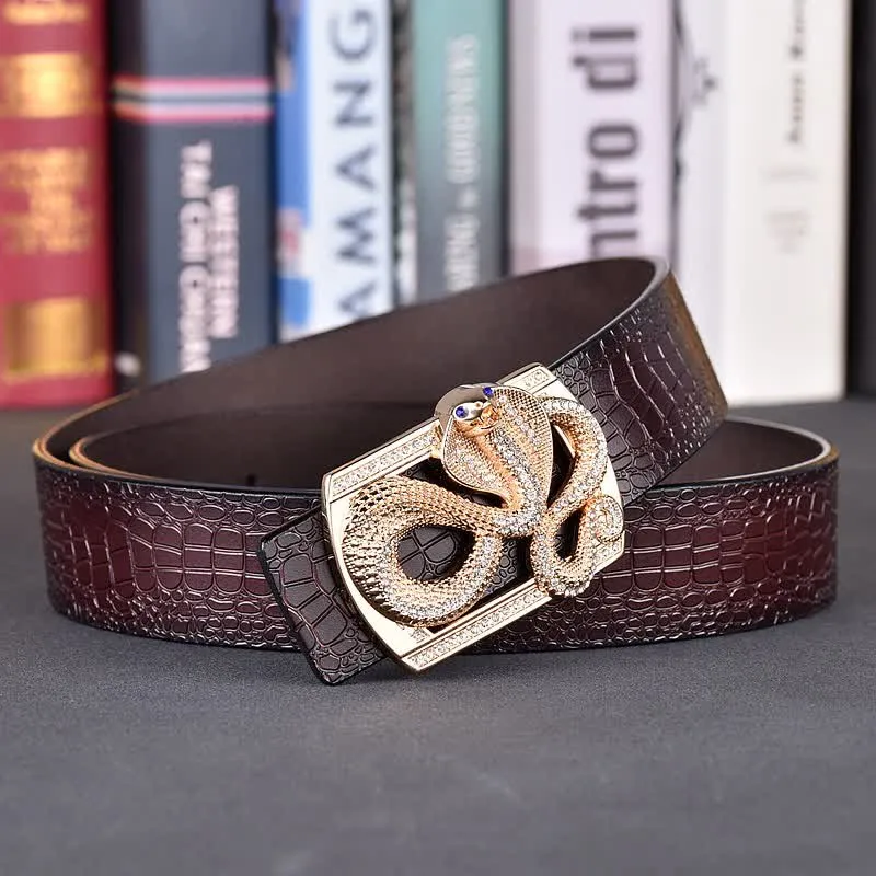 Men's Snake Rhinestone Crocodile Print Buckle Leather Belt