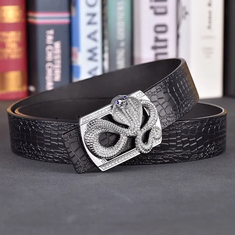 Men's Snake Rhinestone Crocodile Print Buckle Leather Belt