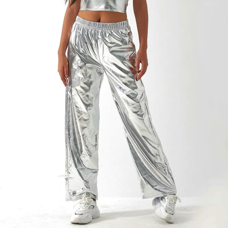 Metallic Coated Fabric Casual Pants Women High Street Design Aurora Laser Gradient High Waist Straight Pants All Matching Elastic Mop Pants