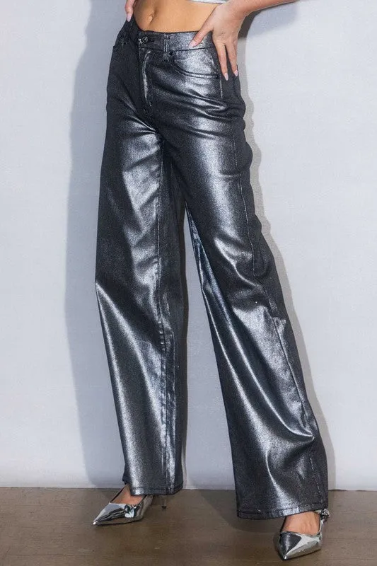 Metallic Leather High Rise Wide Pants