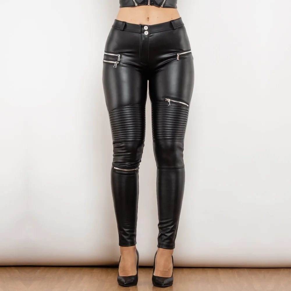 Middle Waist Matt Black Motor Leather Pants