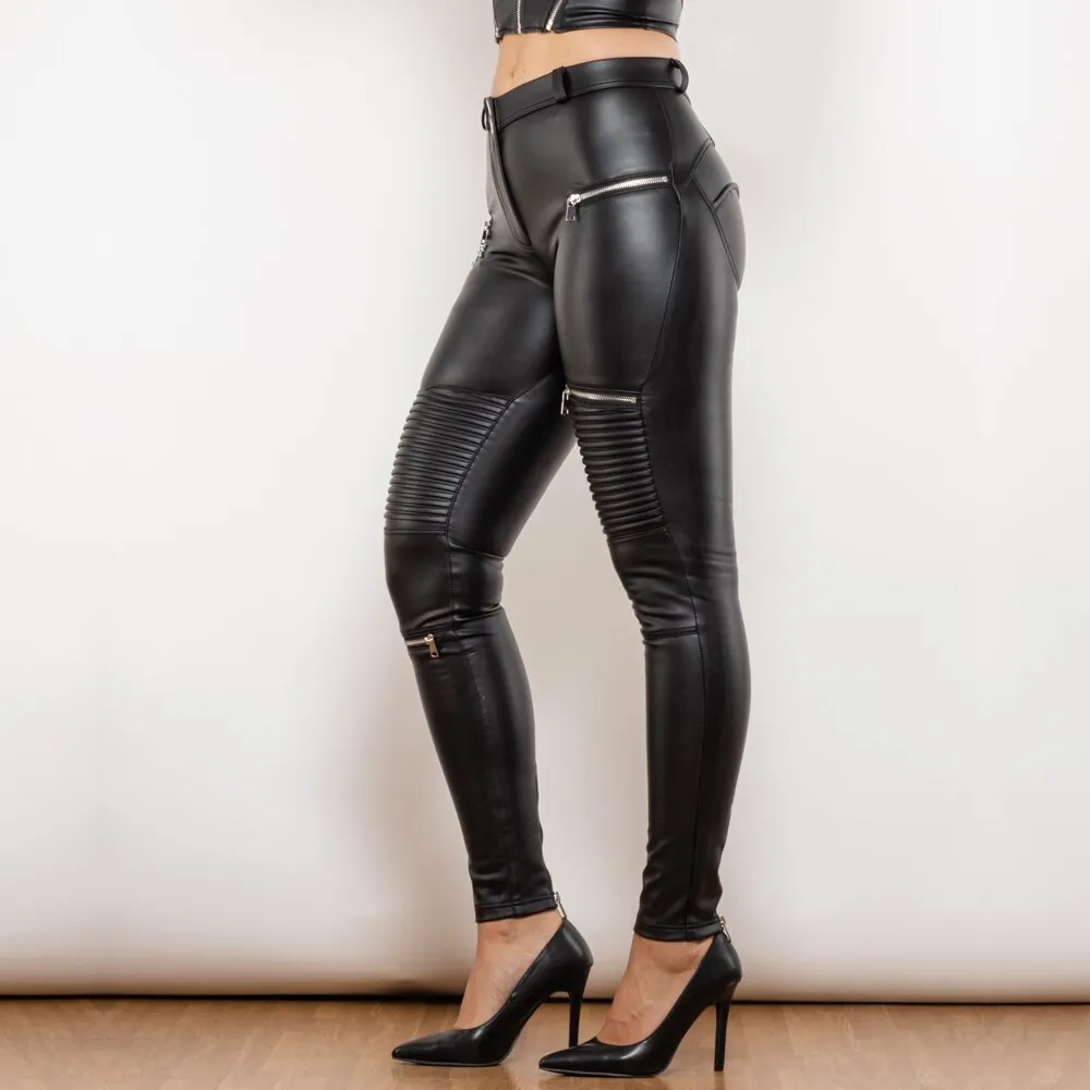 Middle Waist Matt Black Motor Leather Pants