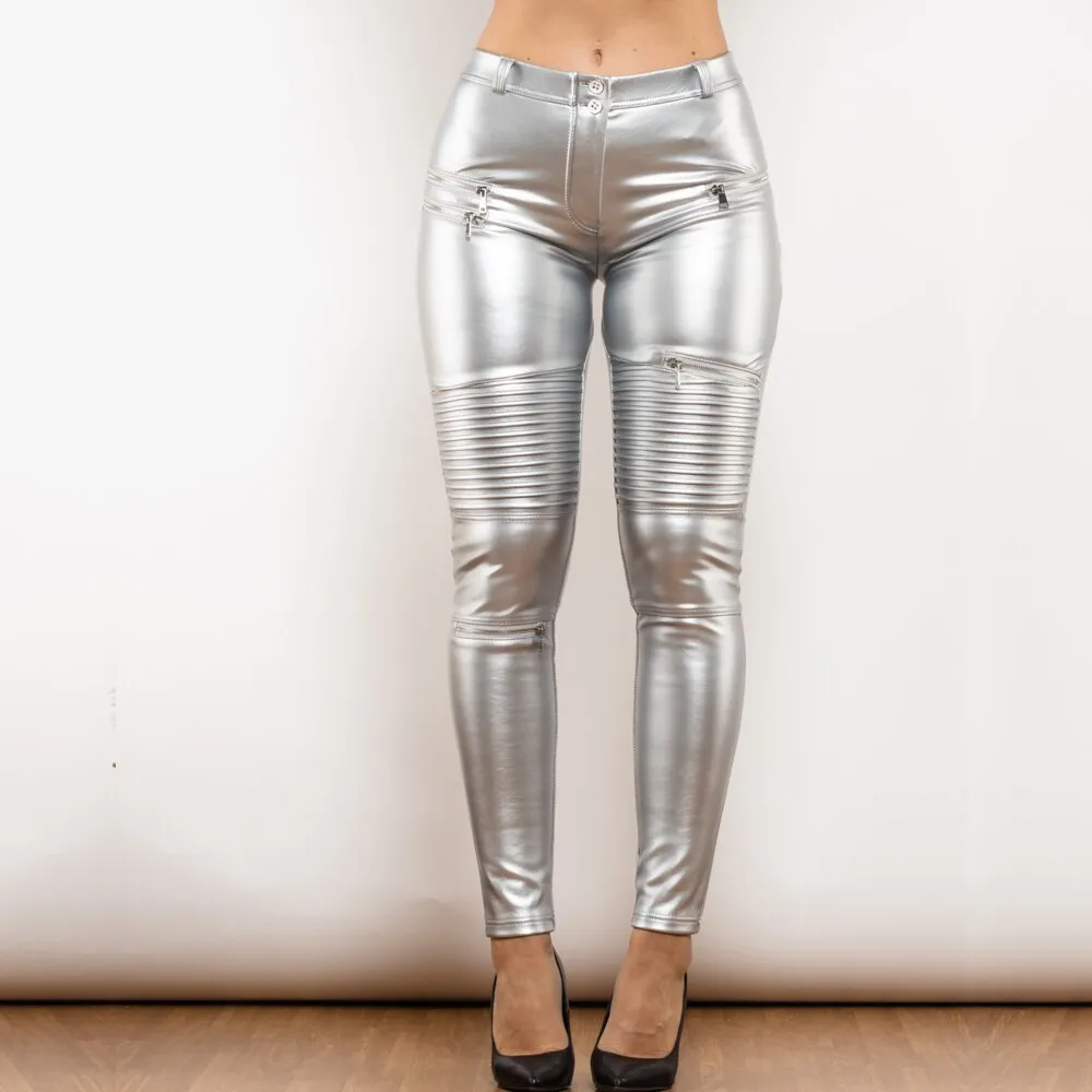 Middle Waist Silver Motor Leather Pants