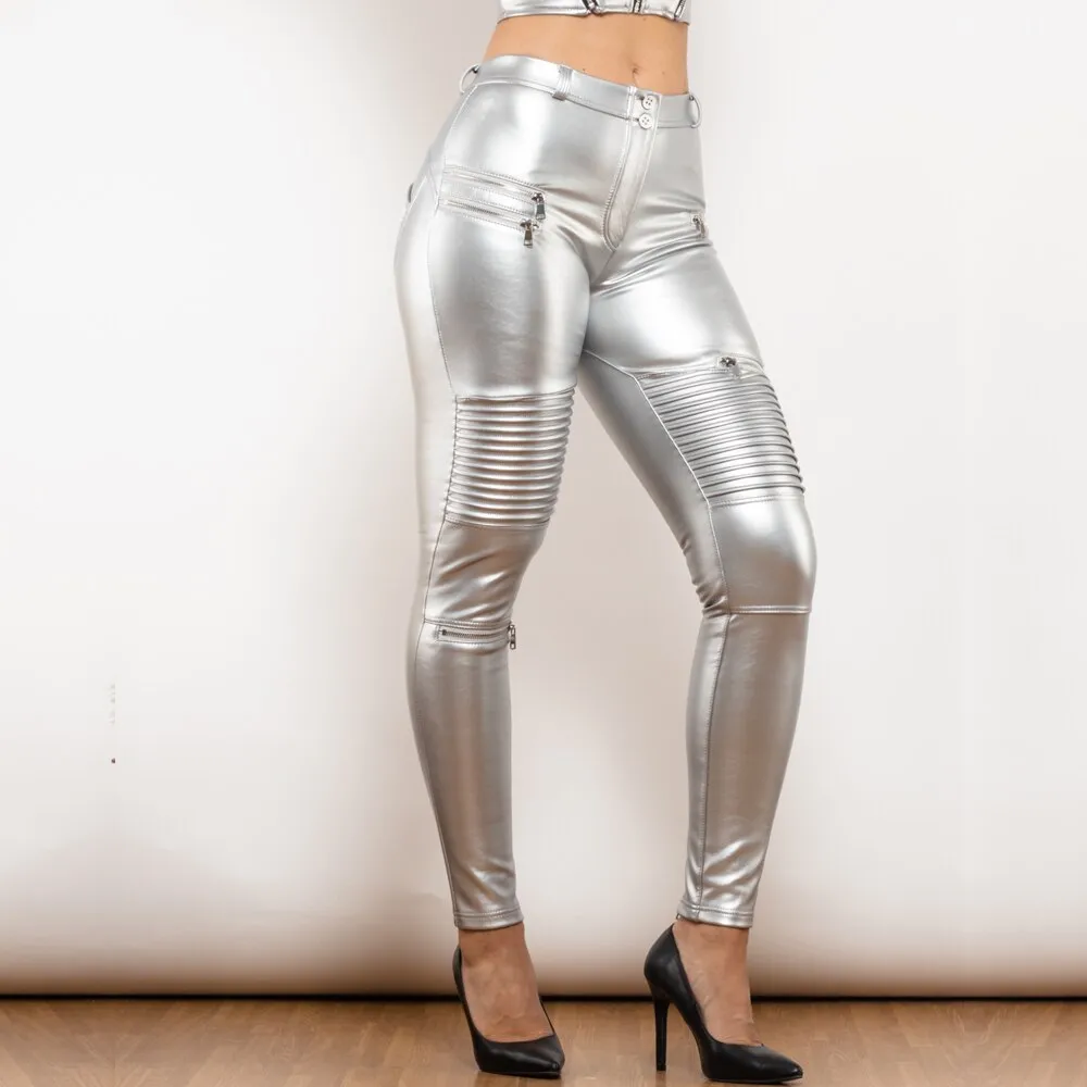 Middle Waist Silver Motor Leather Pants