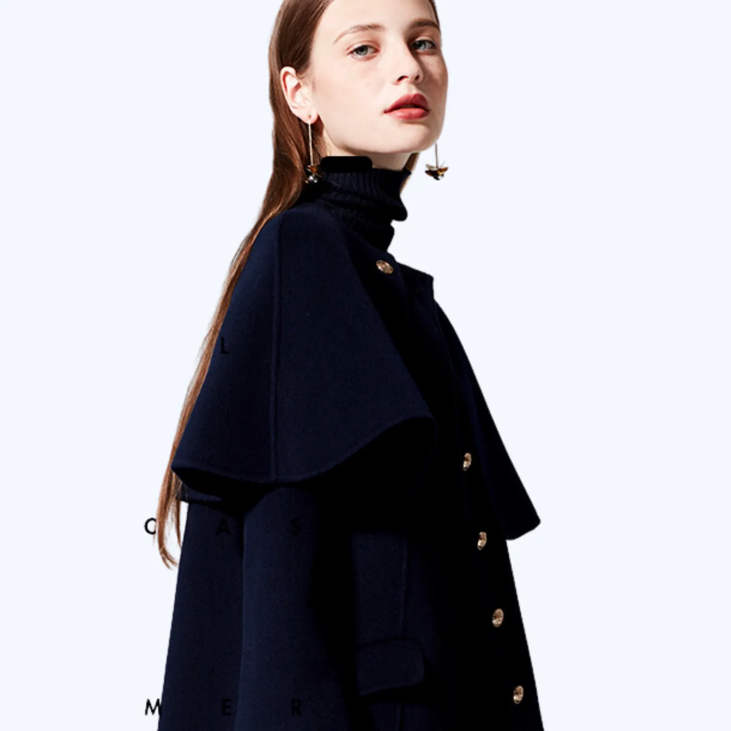 Military Style Long Coat With Removable Cape - Navy