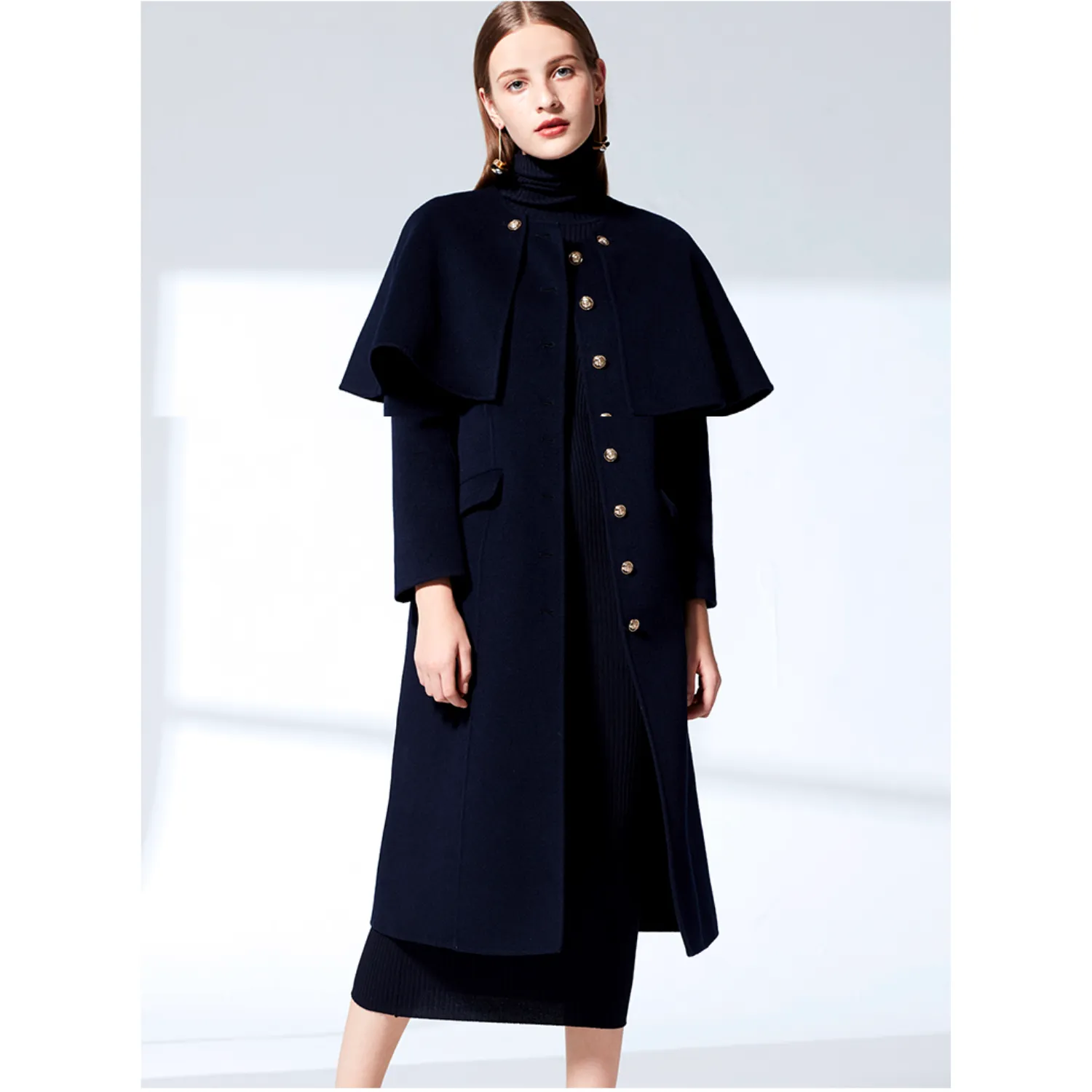 Military Style Long Coat With Removable Cape - Navy