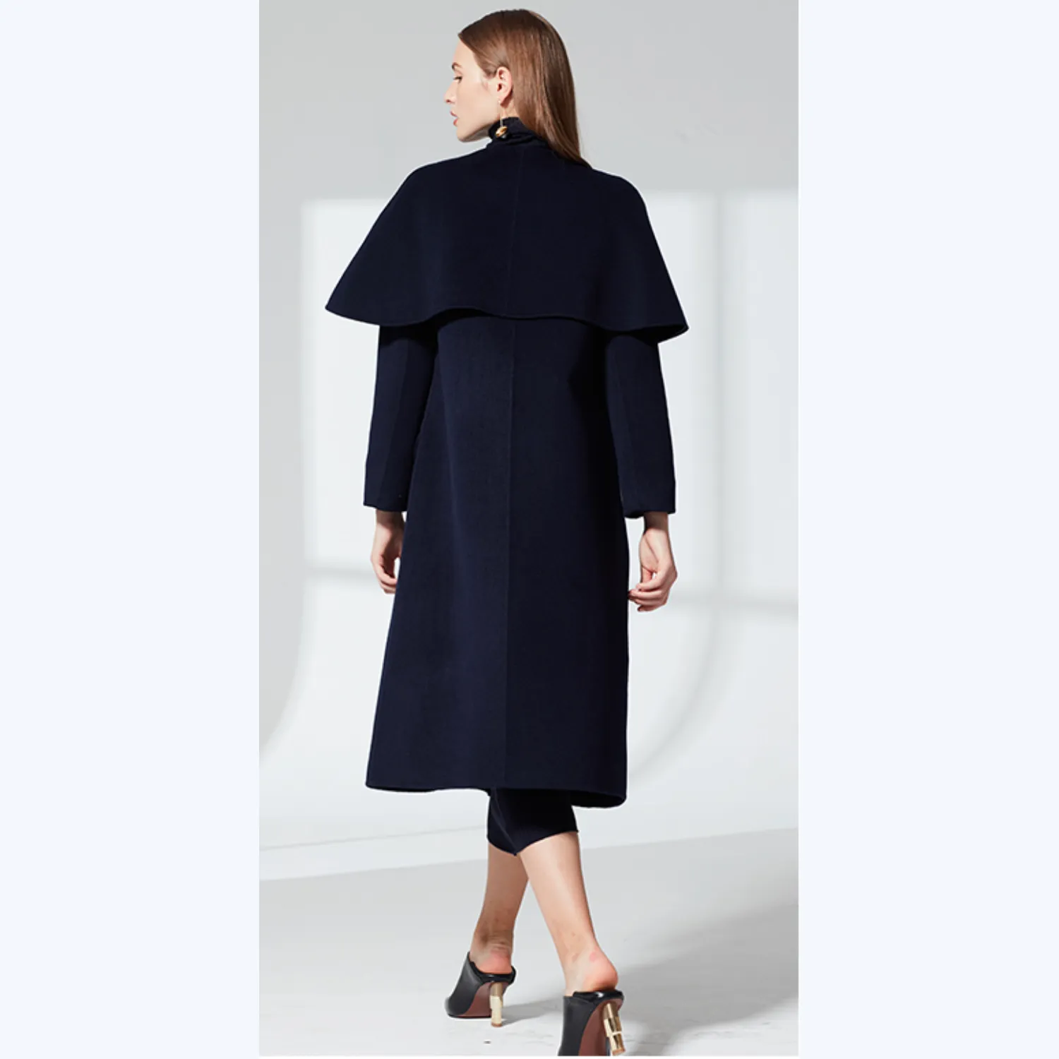 Military Style Long Coat With Removable Cape - Navy