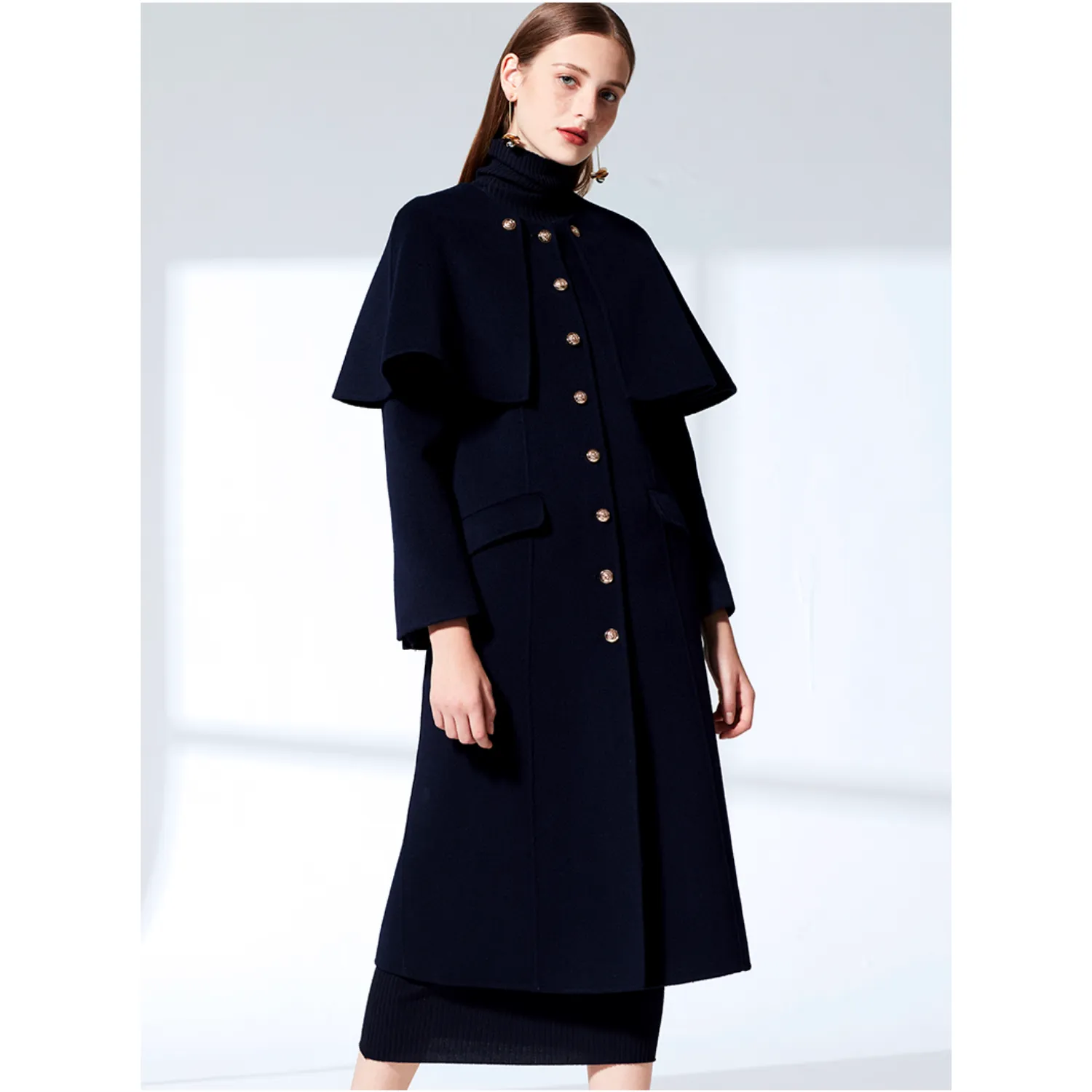 Military Style Long Coat With Removable Cape - Navy