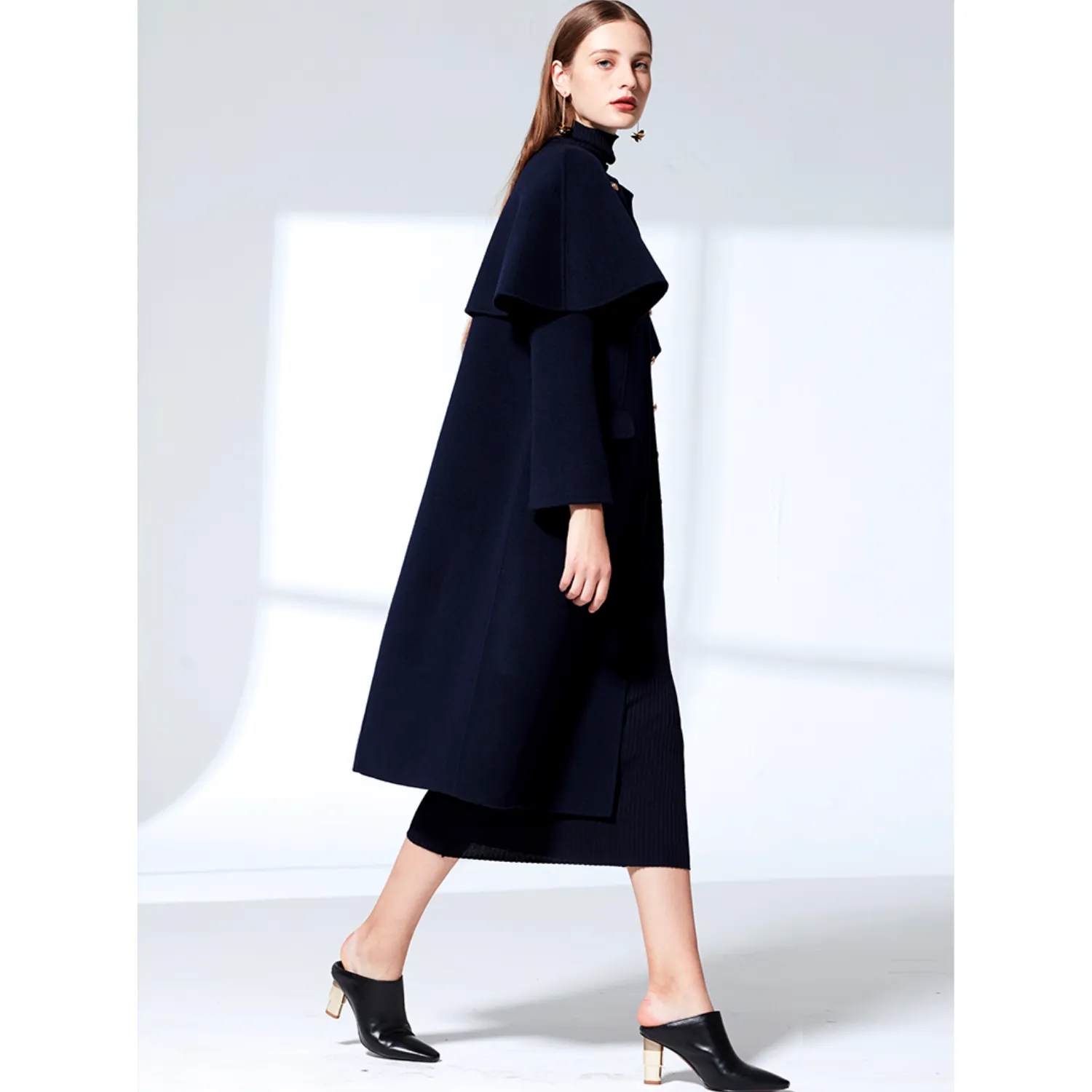 Military Style Long Coat With Removable Cape - Navy