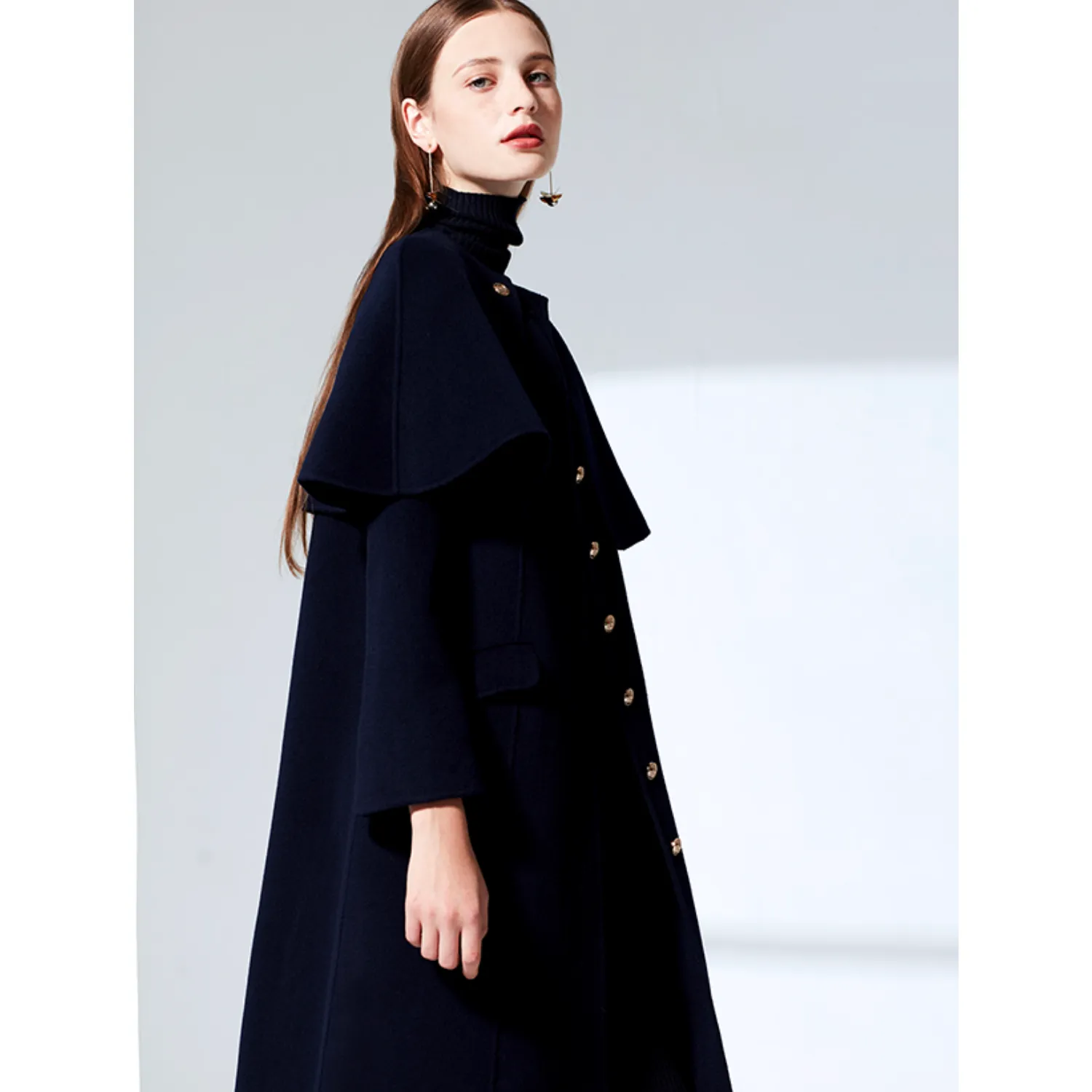 Military Style Long Coat With Removable Cape - Navy