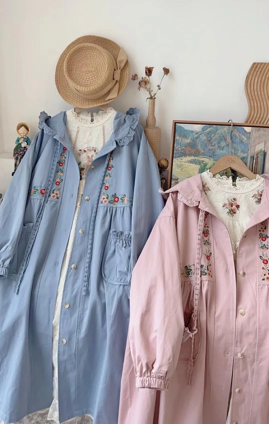 Mori Kei Embroidery Hooded Trench Jacket