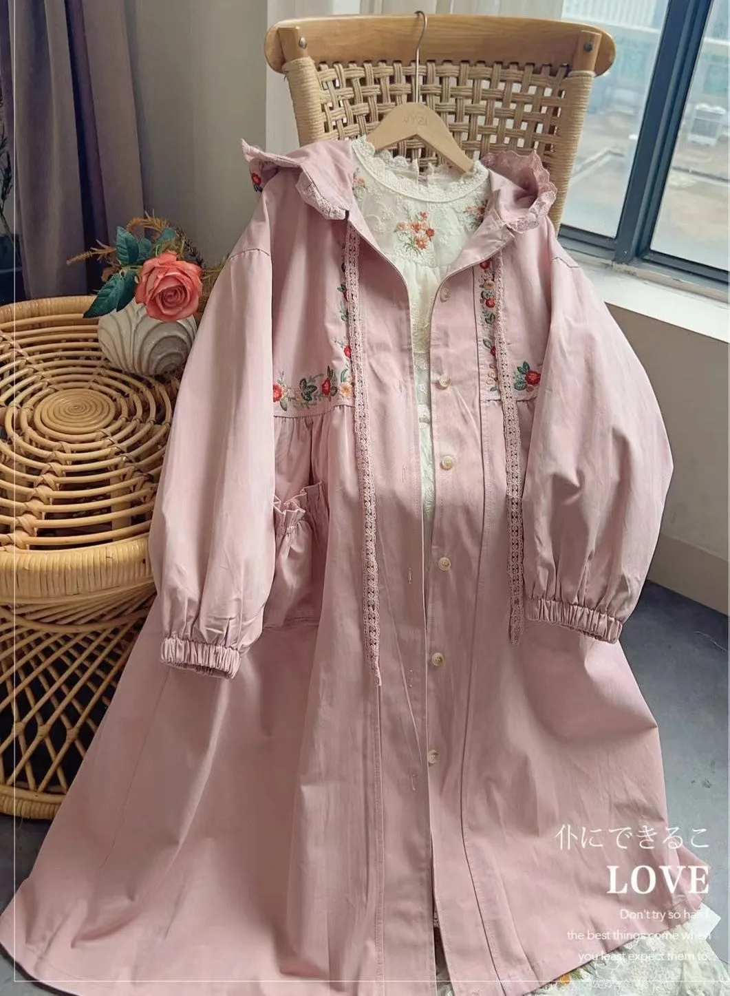 Mori Kei Embroidery Hooded Trench Jacket