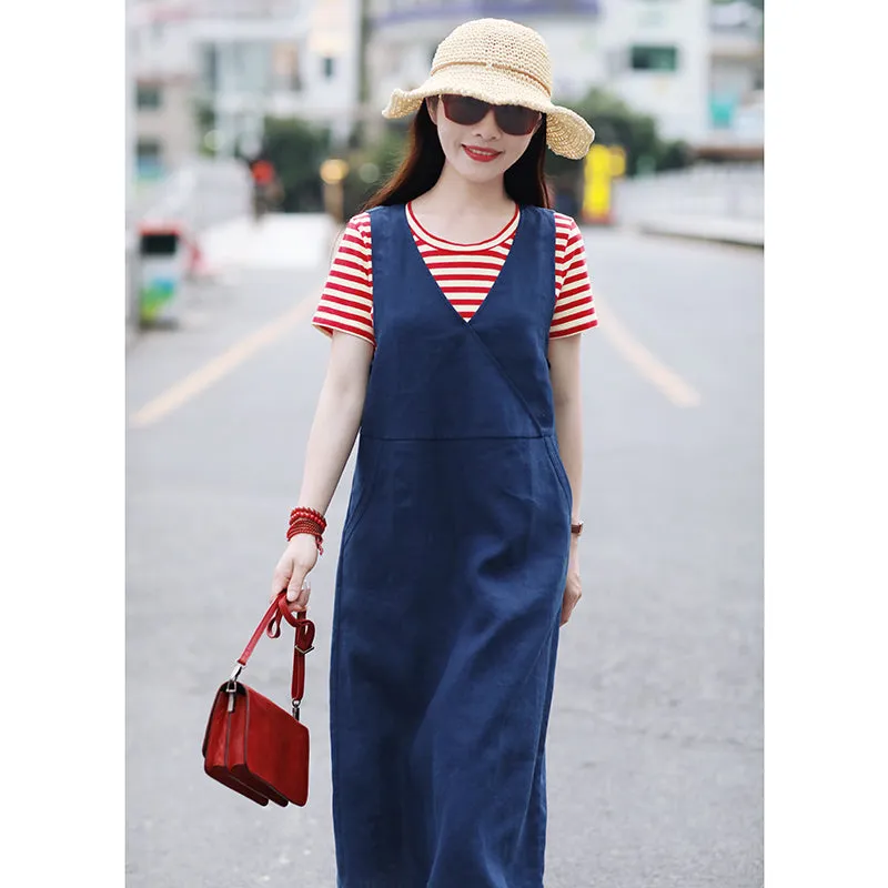 Navy Blue Women Overall Linen Spring Jumpsuits Summer Women Overall SMM96208