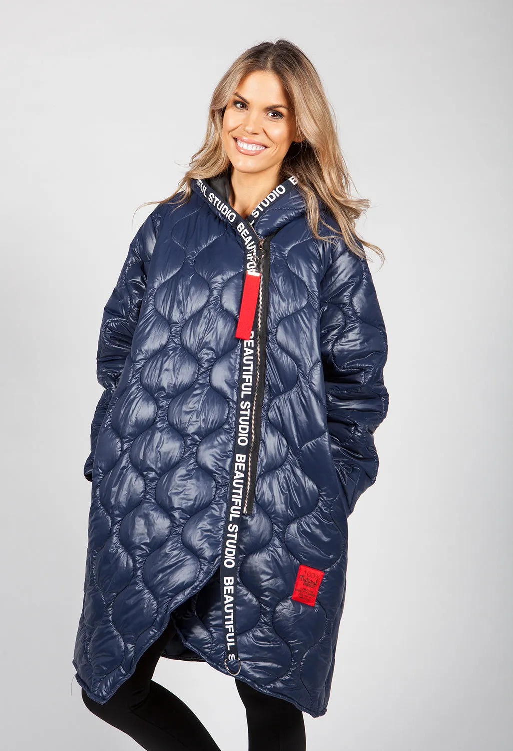 Navy Quilted Coat with Red Toggle