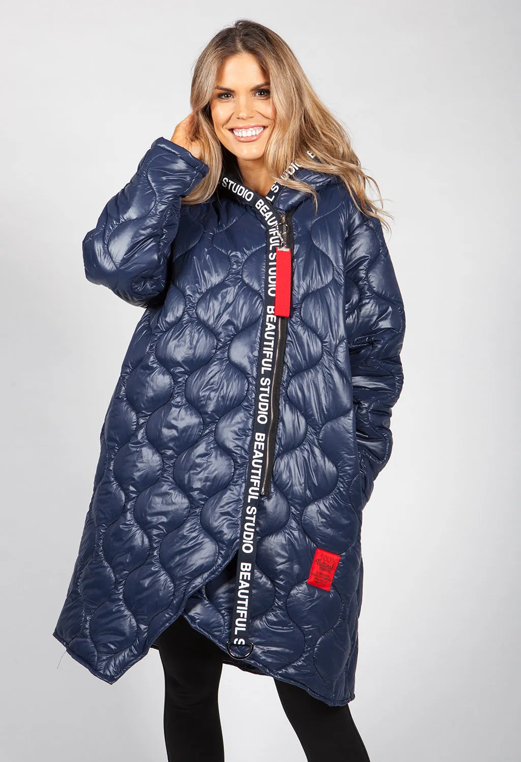 Navy Quilted Coat with Red Toggle