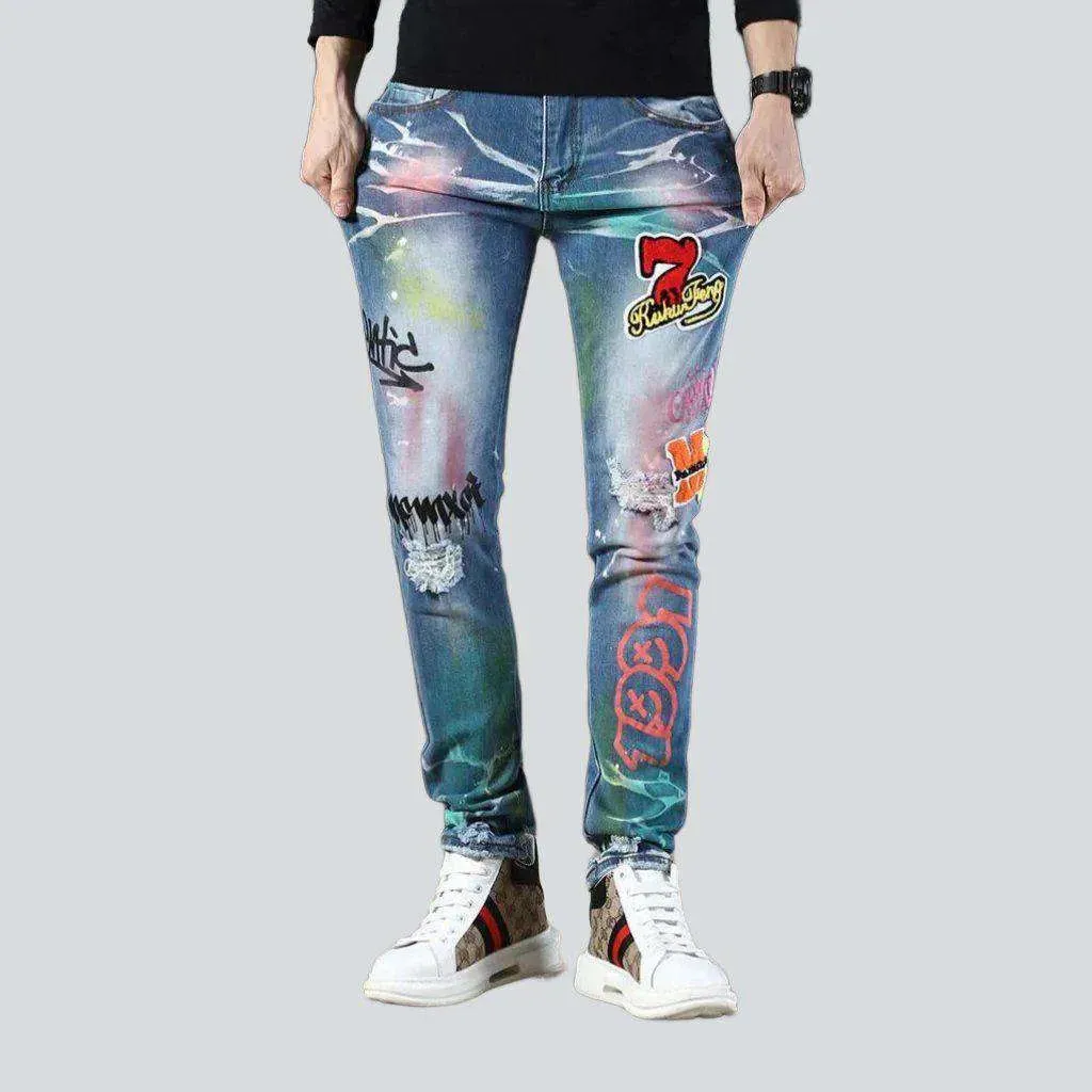 Neon color print men's jeans