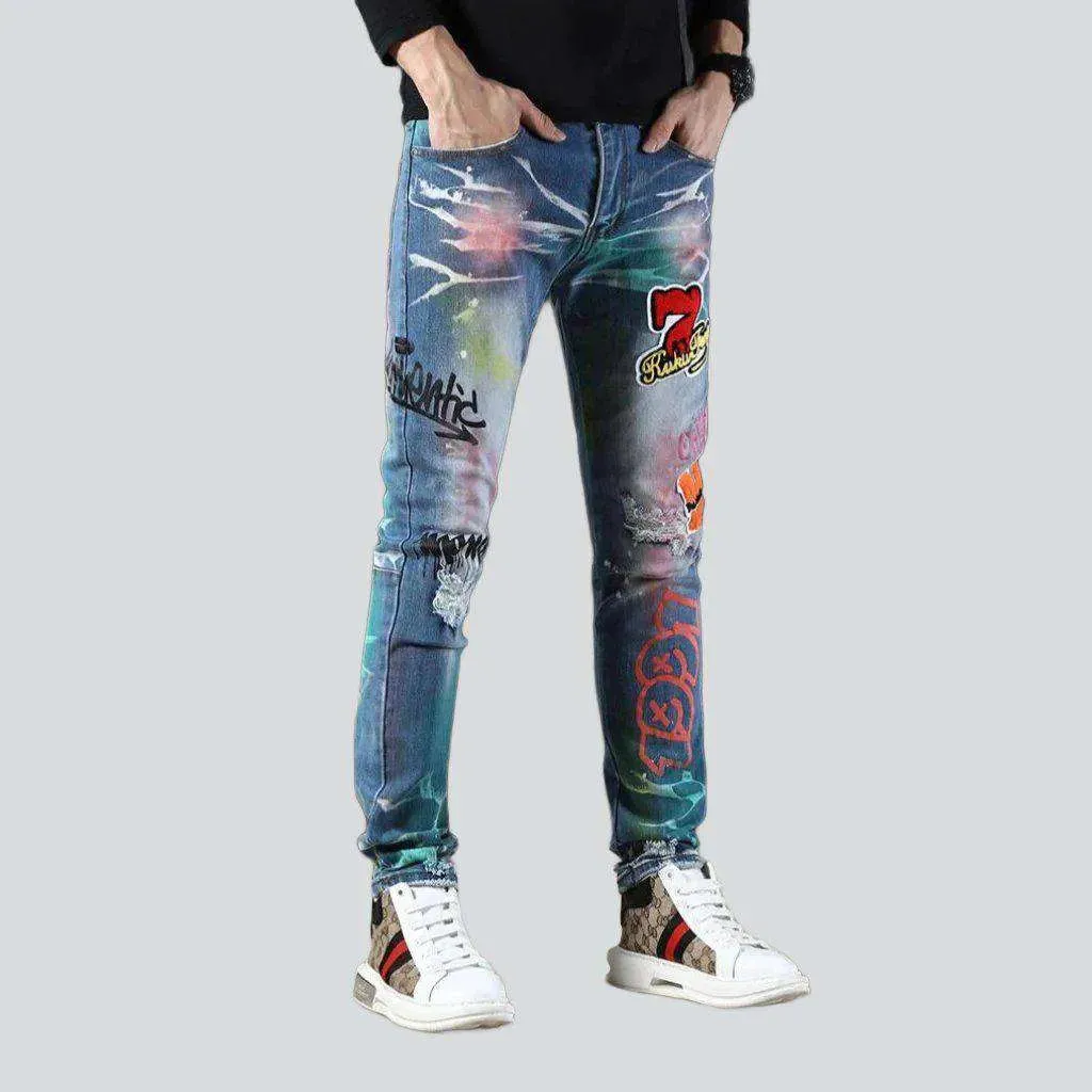 Neon color print men's jeans