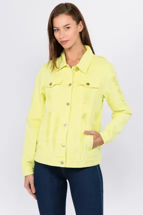 Neon Distressed Back Button Down Denim Jacket