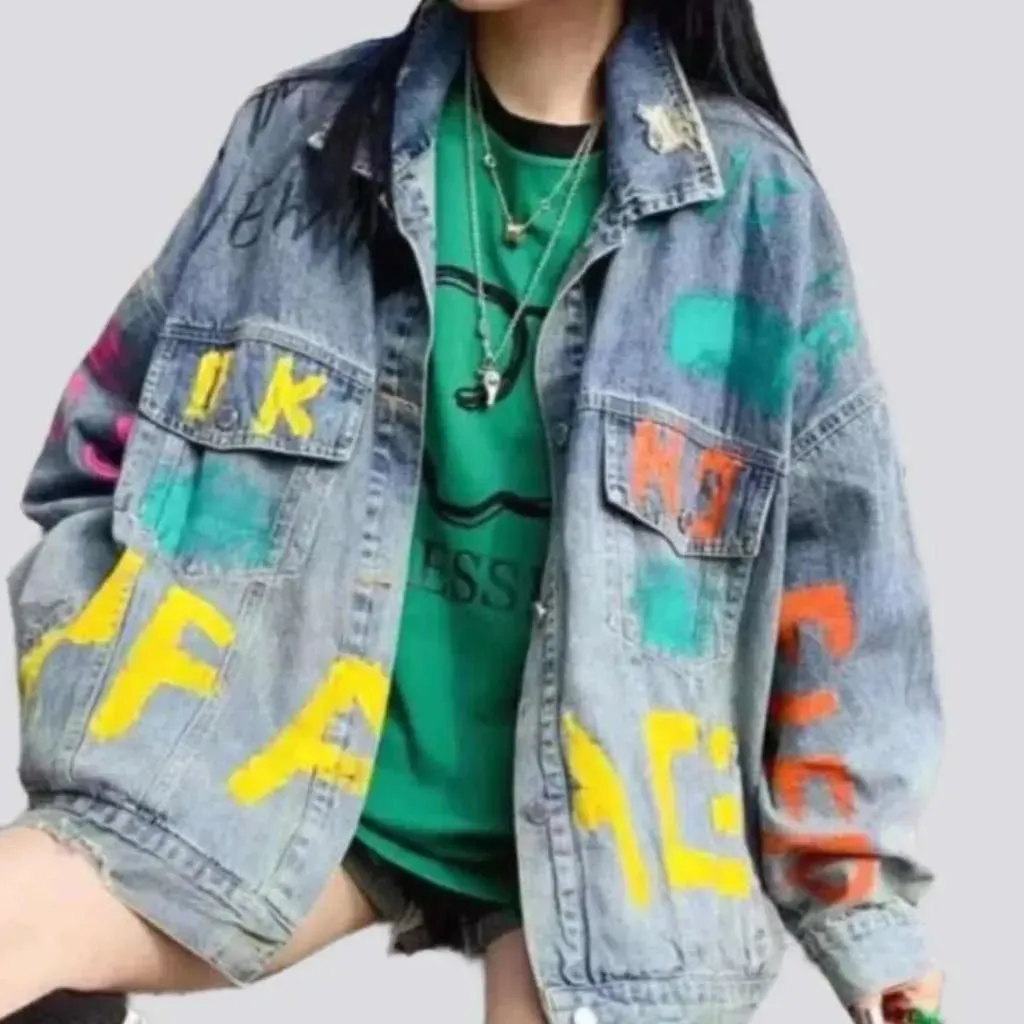 Neon letters vintage denim jacket
 for ladies