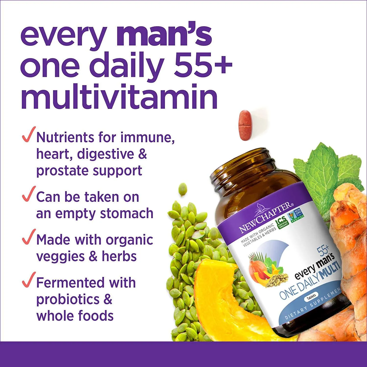 New Chapter Every Man's One Daily 55  Multi with Fermented Probiotics   Whole Foods   Astaxanthin   Organic Non-GMO Ingredients - 72 Vegetarian Tablets