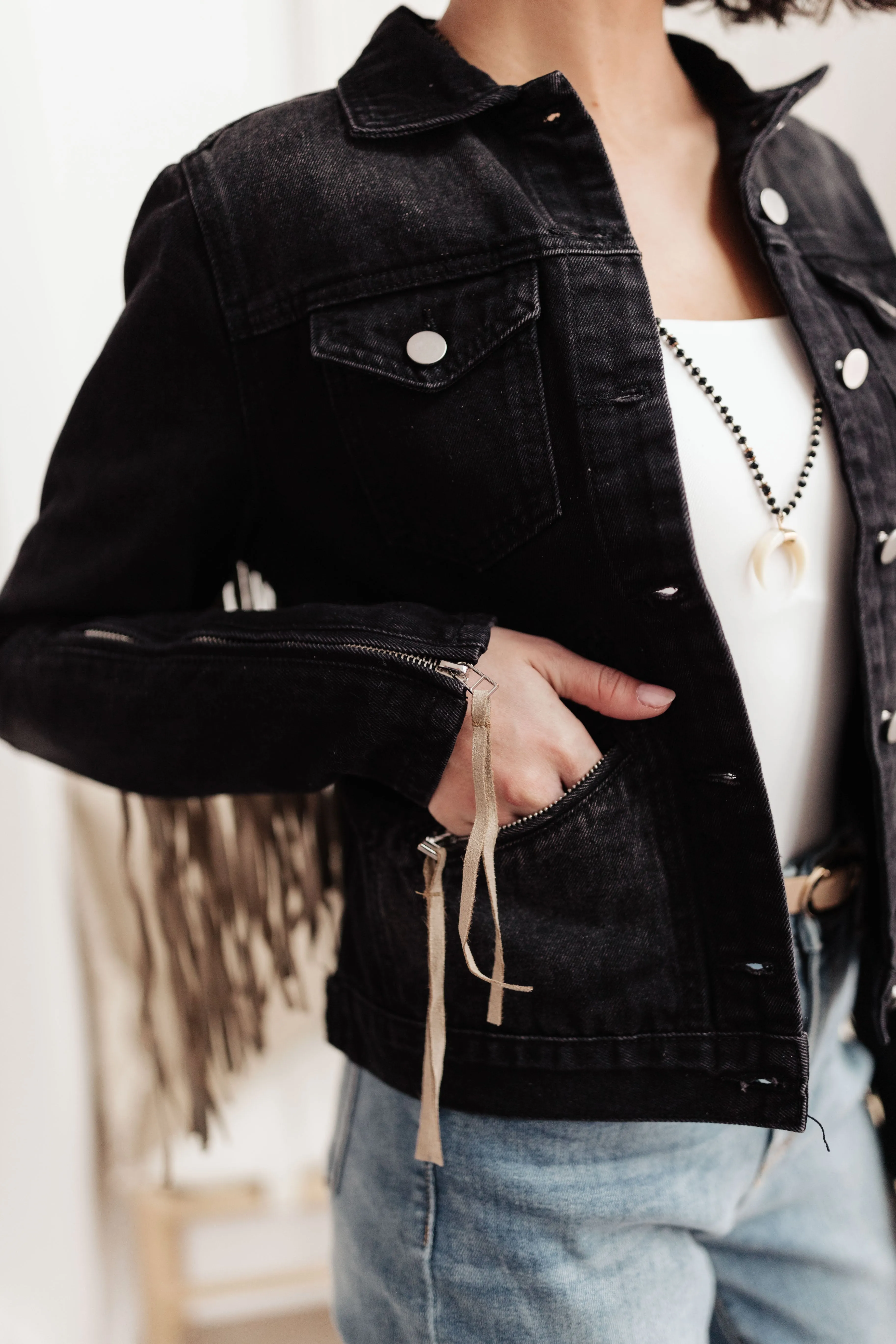 On The Fringe Jacket in Ash Black