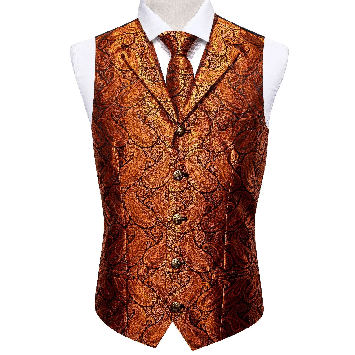 Orange Paisley Metal Button Jacquard Silk Men's Vest Hanky Cufflinks Tie Set