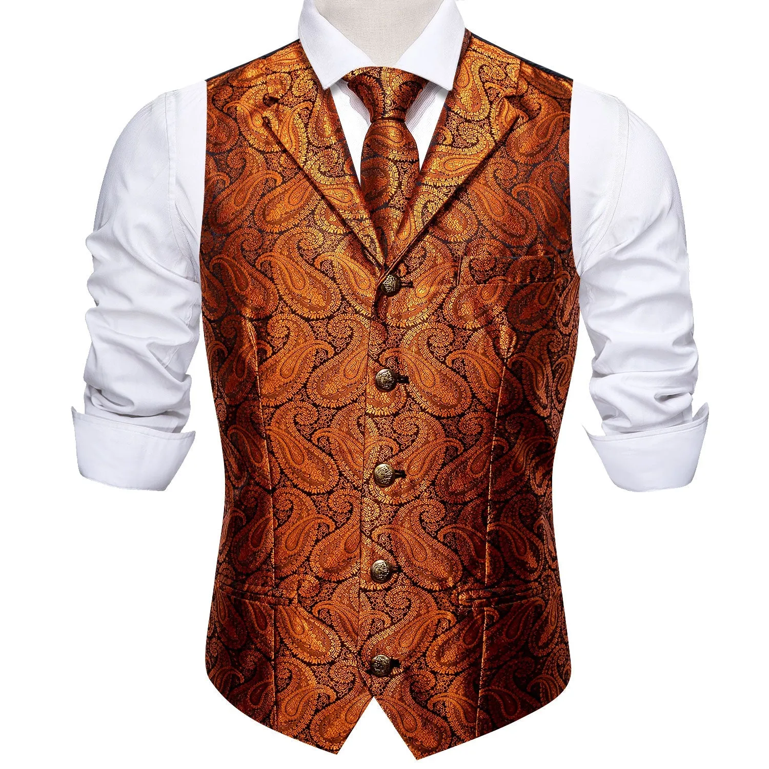 Orange Paisley Metal Button Jacquard Silk Men's Vest Hanky Cufflinks Tie Set