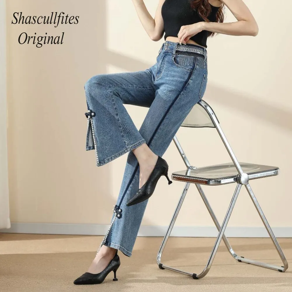 Original Design Tassels Jeans High Waist Casual Loose Denim Jeans Womens Clothing Pearl Bell Jeans