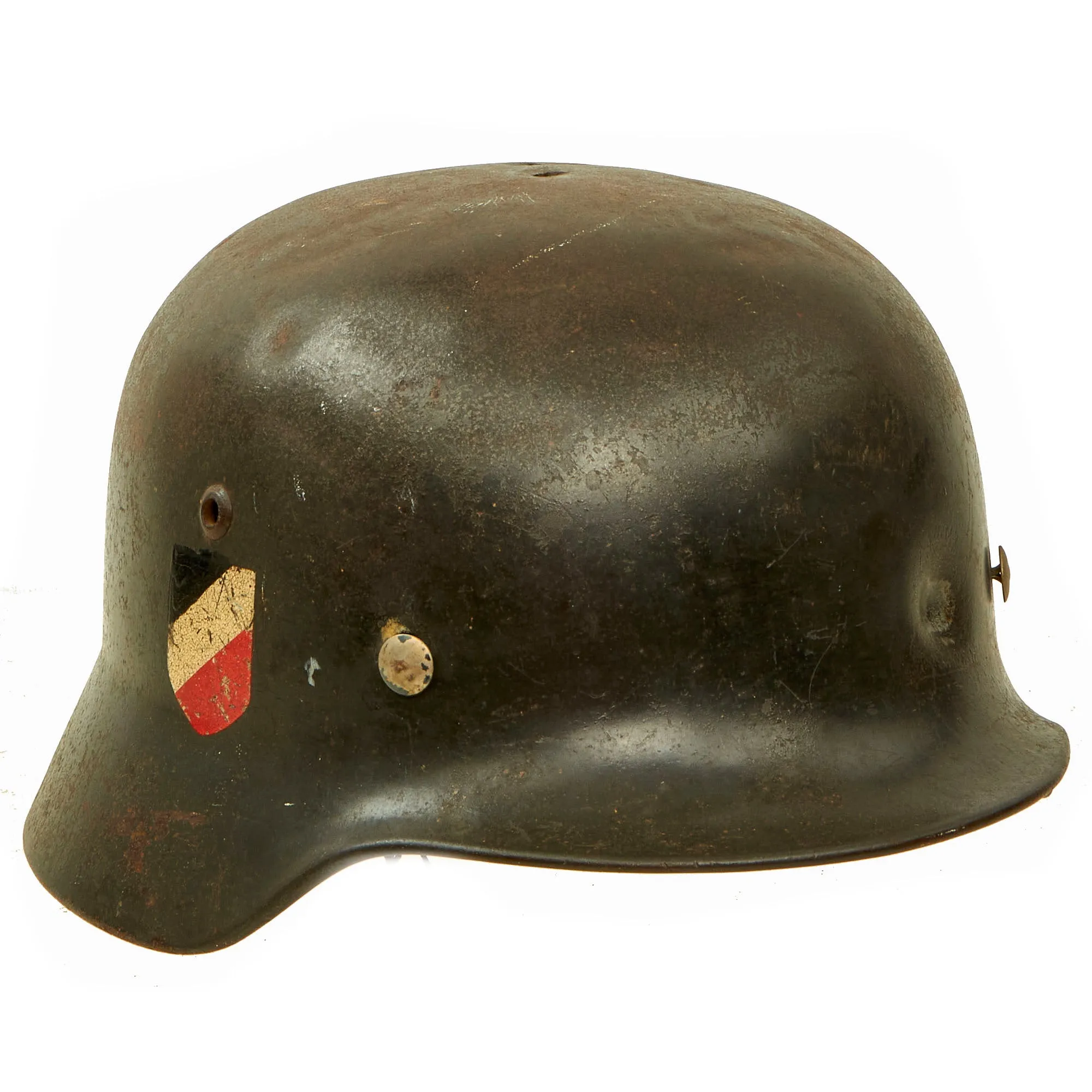 Original German WWII Battle Damaged 1939 Dated Luftwaffe M35 Double Decal Steel Helmet with 61cm Liner - marked Q68