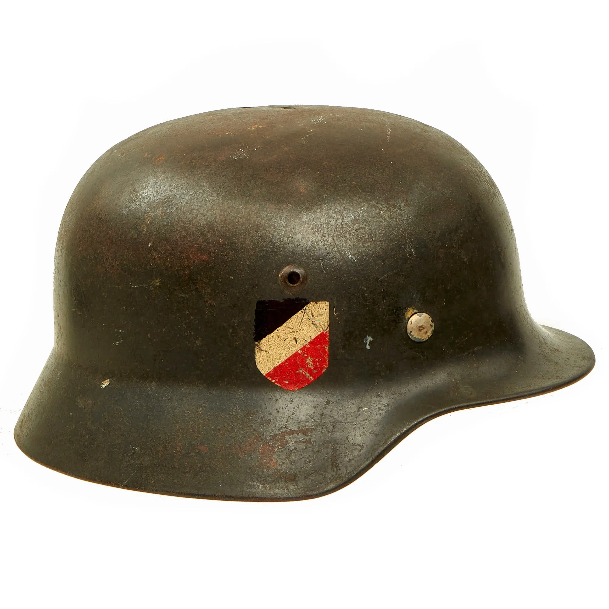 Original German WWII Battle Damaged 1939 Dated Luftwaffe M35 Double Decal Steel Helmet with 61cm Liner - marked Q68