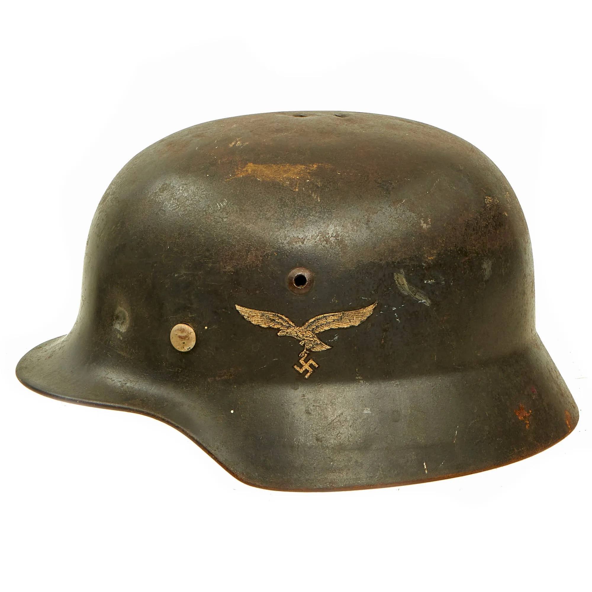 Original German WWII Battle Damaged 1939 Dated Luftwaffe M35 Double Decal Steel Helmet with 61cm Liner - marked Q68