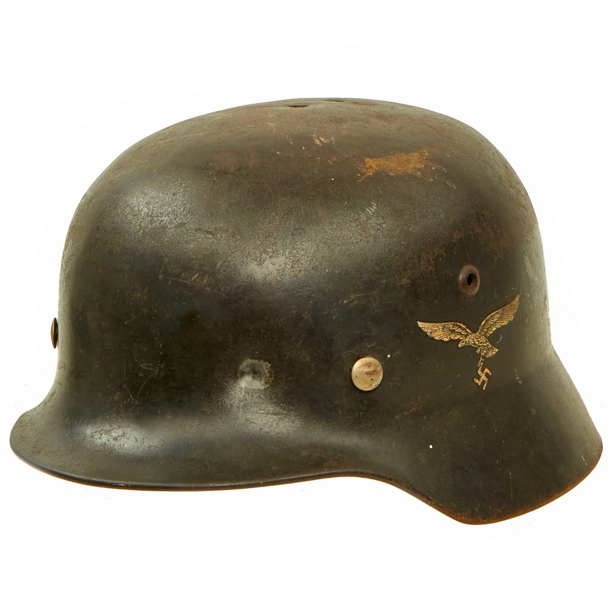 Original German WWII Battle Damaged 1939 Dated Luftwaffe M35 Double Decal Steel Helmet with 61cm Liner - marked Q68