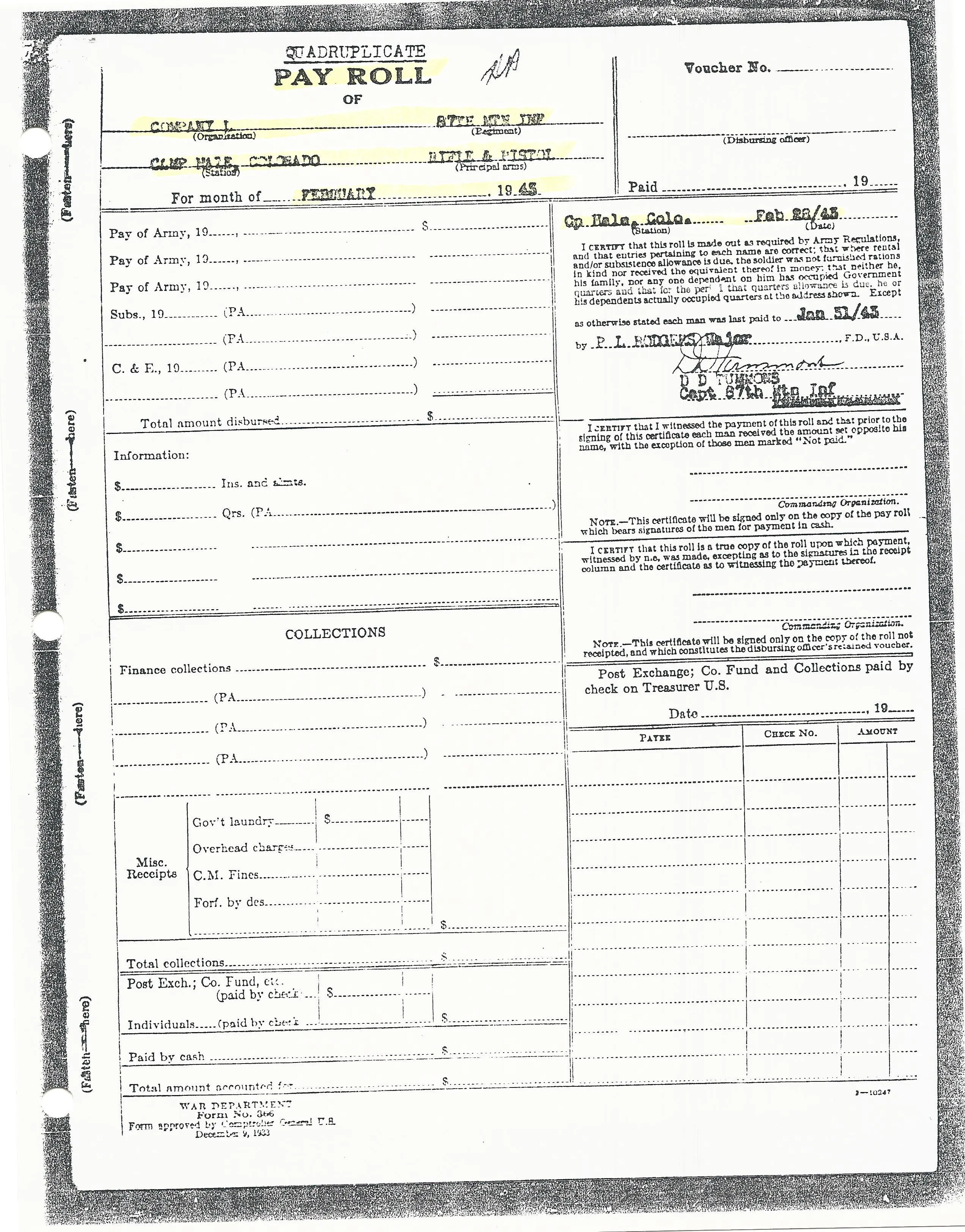 Original U.S. WWII 10th Mountain Division Kiska and Italian Campaign Named Grouping