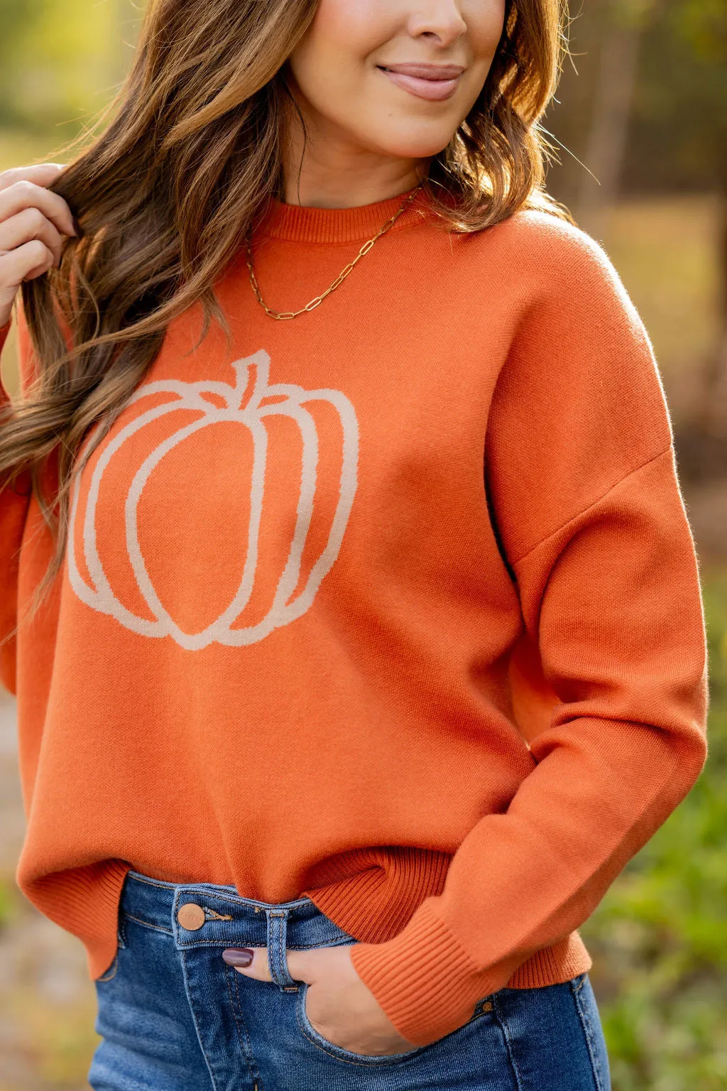 Outlined Pumpkin Ribbed Trim Sweater