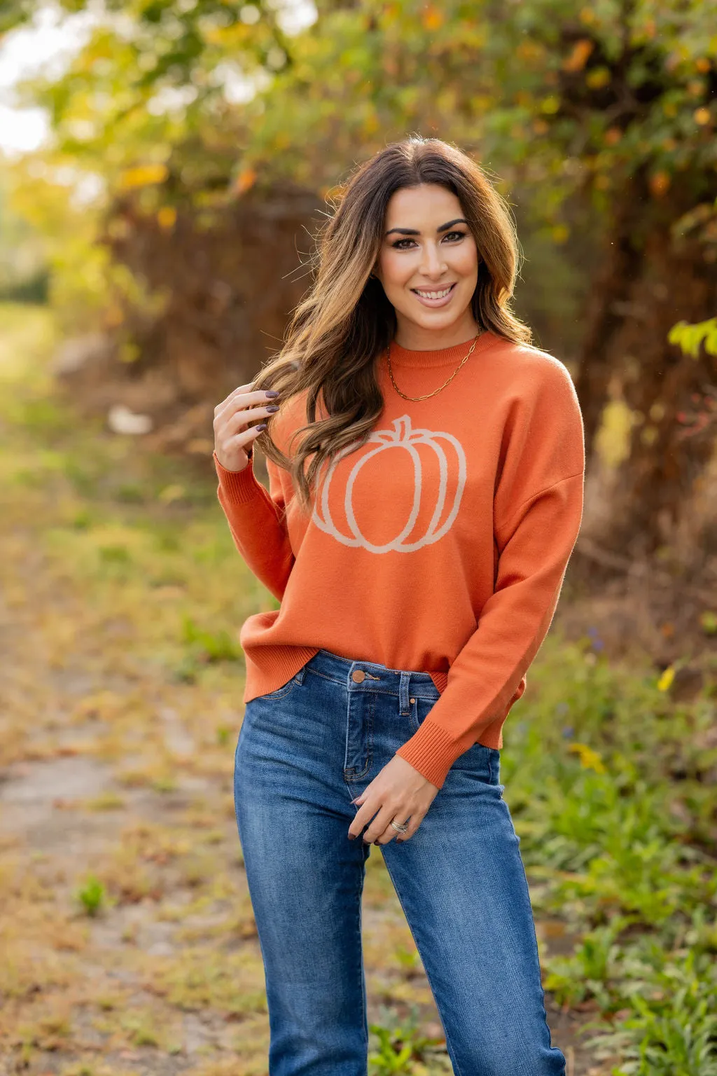 Outlined Pumpkin Ribbed Trim Sweater