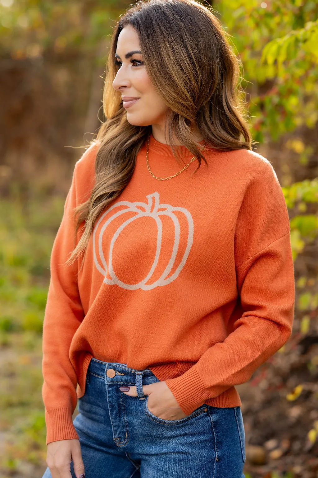 Outlined Pumpkin Ribbed Trim Sweater