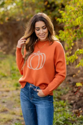 Outlined Pumpkin Ribbed Trim Sweater