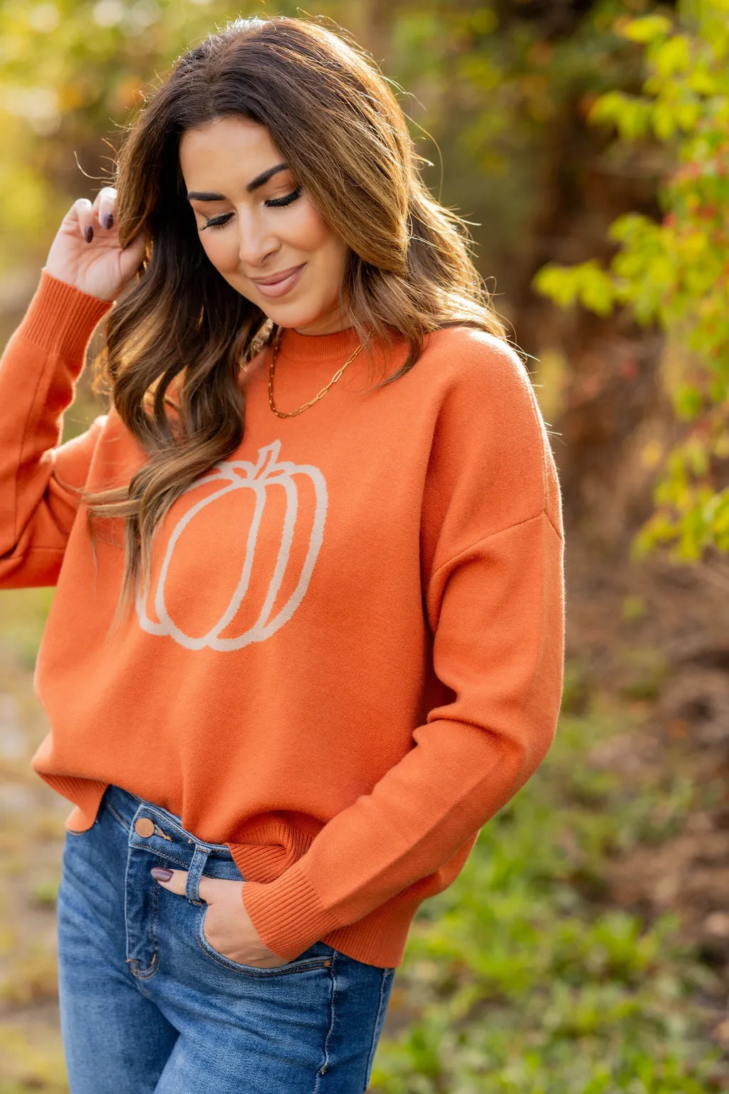 Outlined Pumpkin Ribbed Trim Sweater