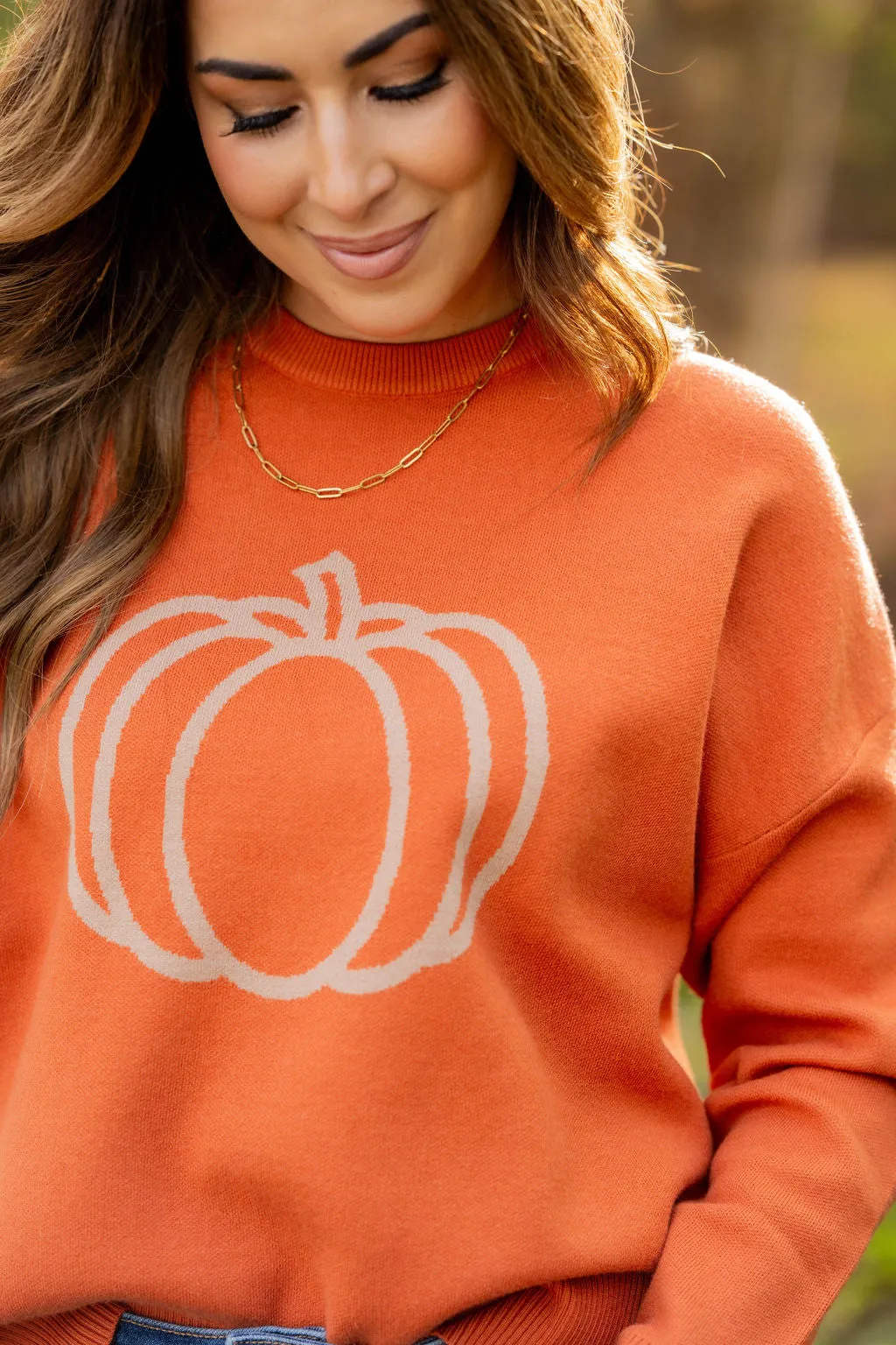 Outlined Pumpkin Ribbed Trim Sweater