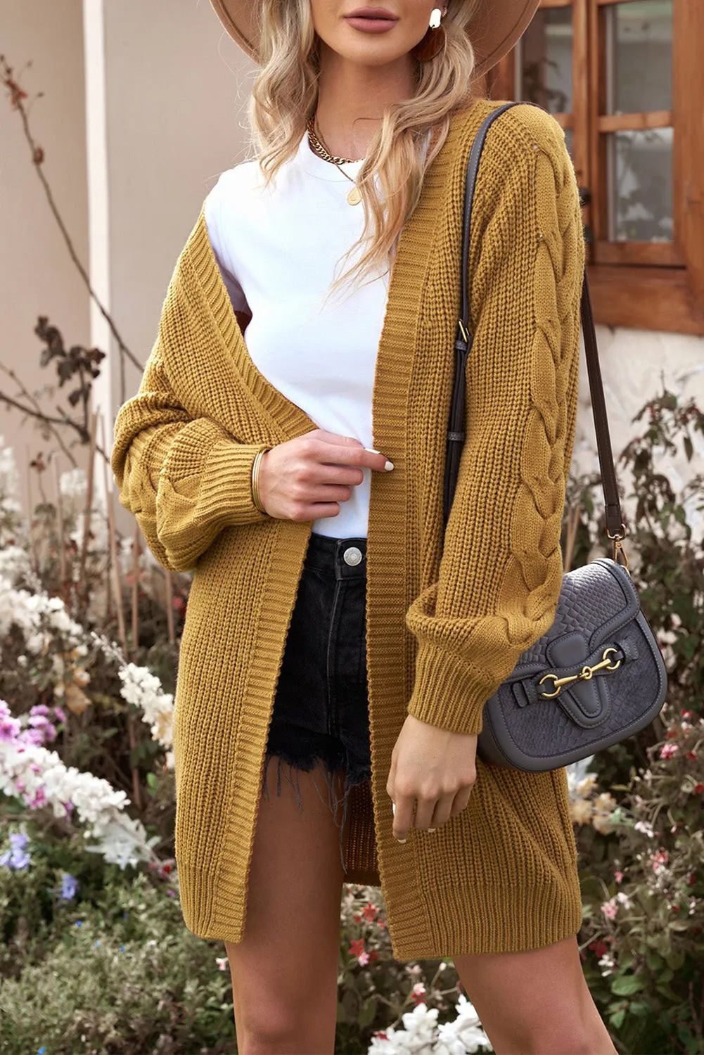 Oversized Open Front Cable Sleeve Long Cardigan